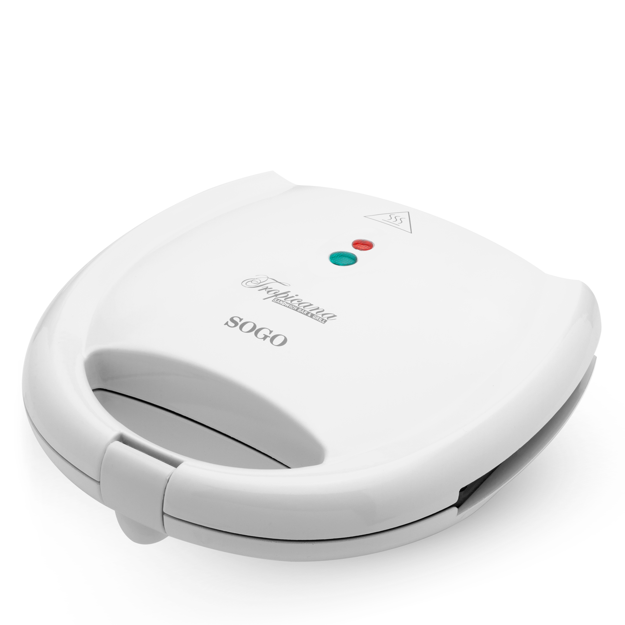 Biała opiekacz do kanapek Tropicana z uchwytem i kontrolkami. Posiada logo i nazwę marki SOGO.