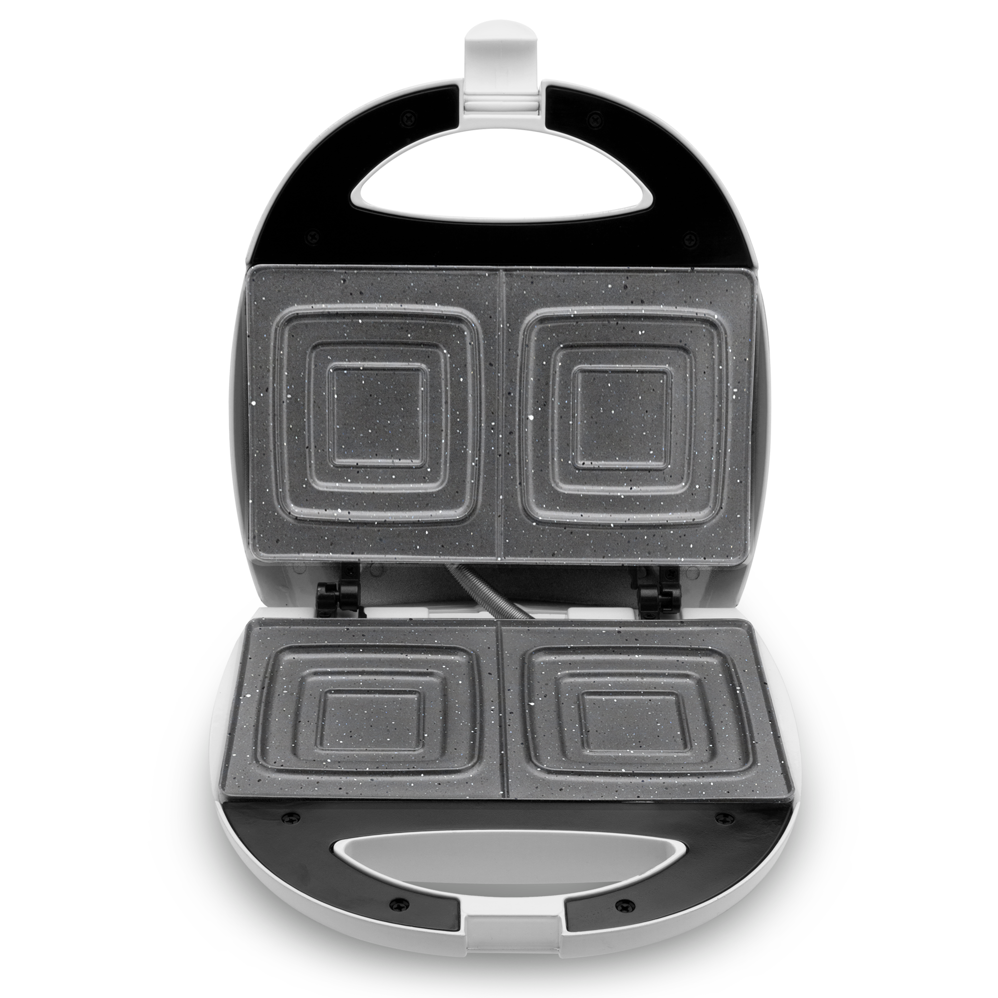 Otwarta opiekacz do kanapek. Ma biały korpus, czarny uchwyt i szare, nakrapiane powierzchnie do gotowania.