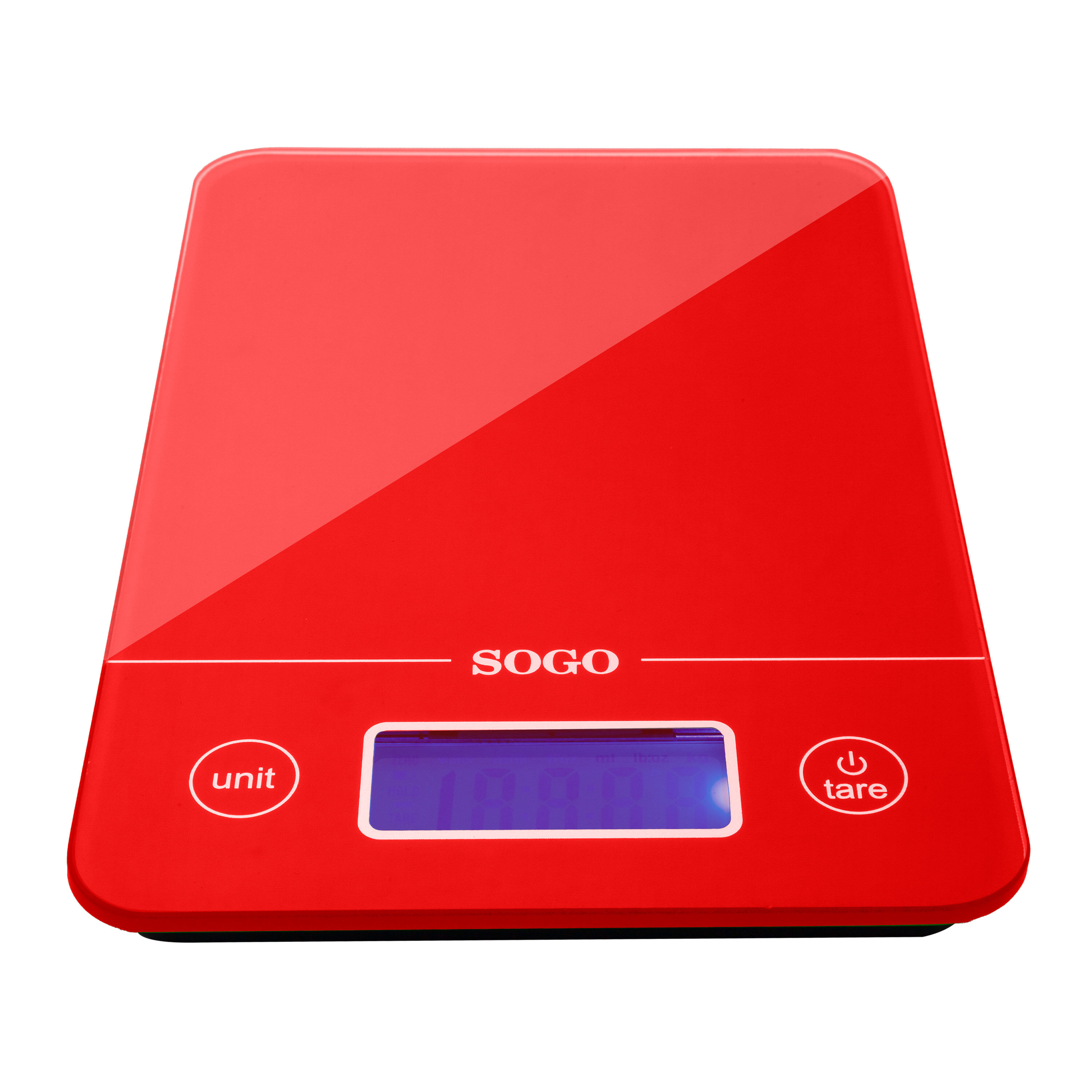 Una báscula de cocina digital roja SOGO. La báscula tiene una pantalla y botones para unidad y tara. El fondo es blanco.