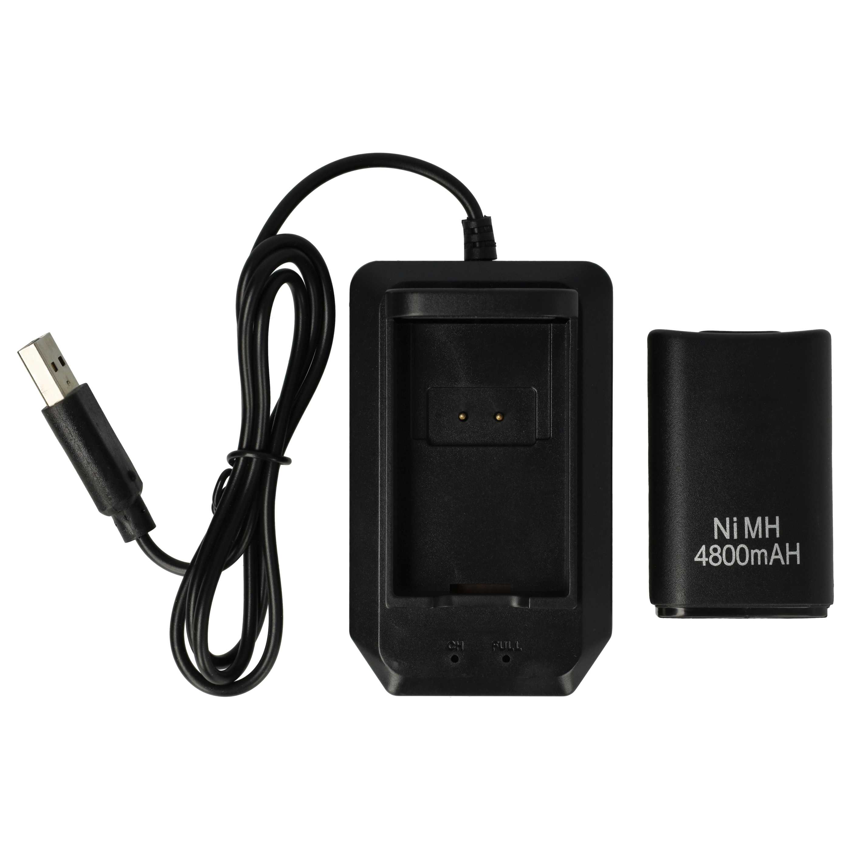Schwarzes Batterieladegerät mit USB-Kabel und Akku. Der Akku hat die Aufschrift Ni MH 4800 mAh.