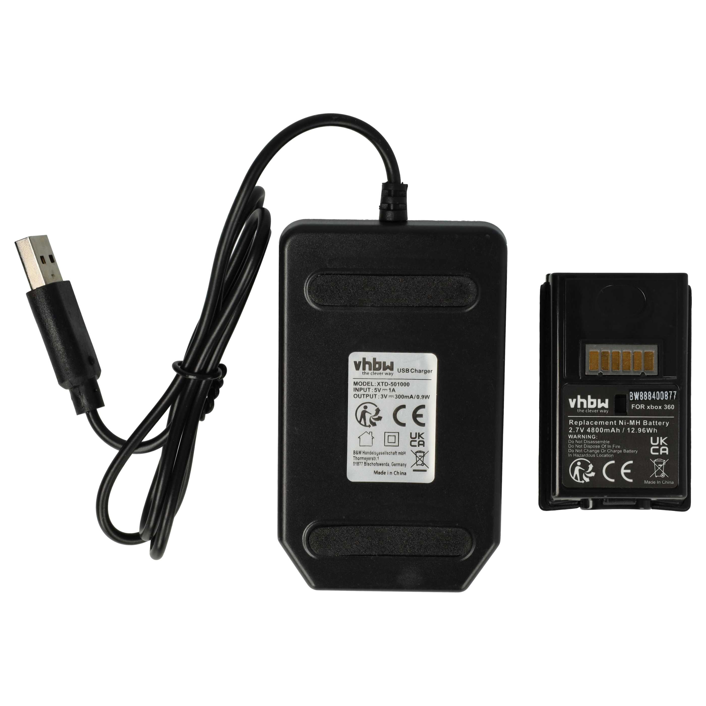 Schwarzes Xbox 360-Ladegerät mit USB-Kabel und Akku. Auf dem Ladegerät steht vhbw und Modellinformationen.
