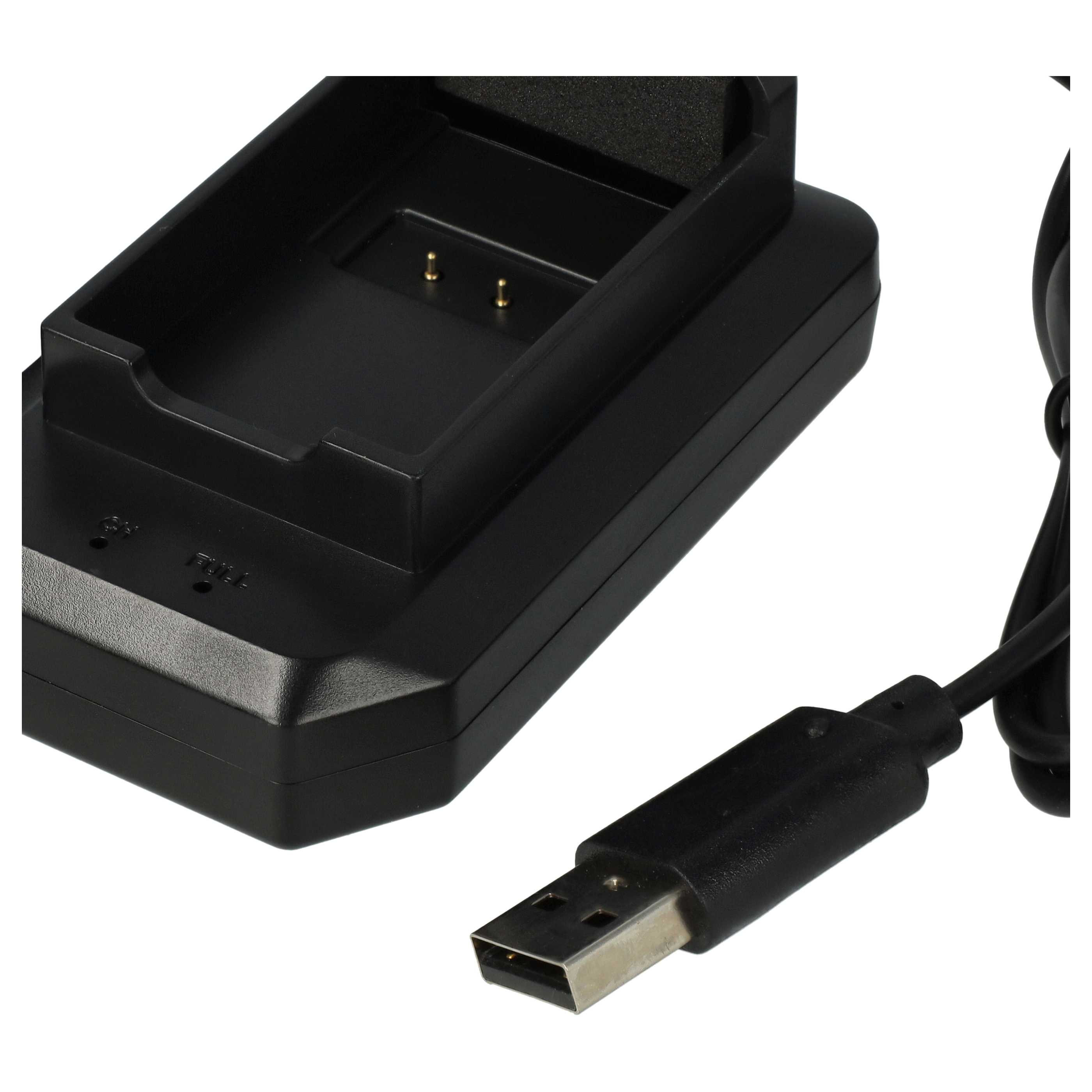 Ein schwarzes Ladegerät mit USB-Kabel. Das Ladegerät hat einen Steckplatz und zwei Stifte. USB-Ende ist im Fokus.