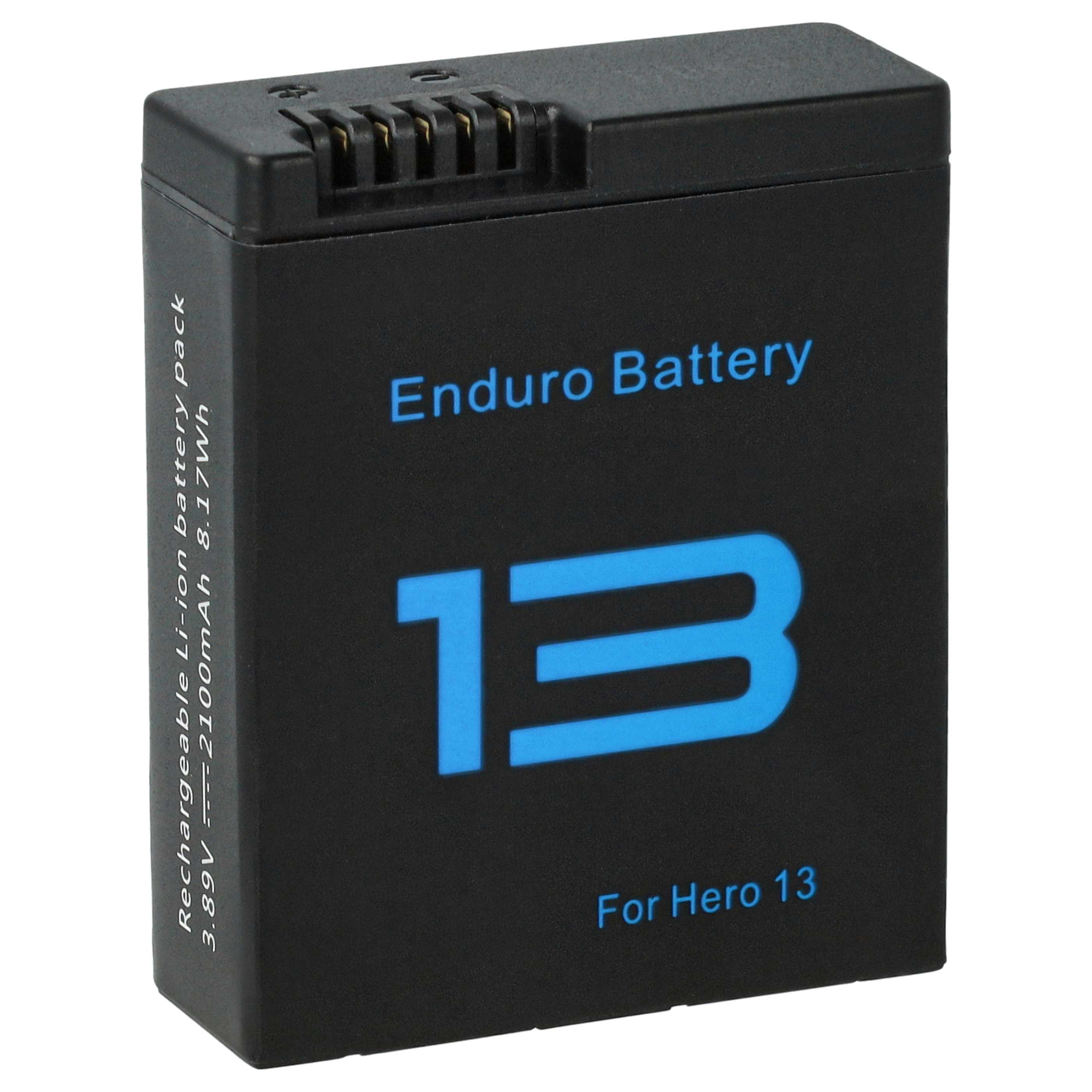 Ein schwarzer Akku für Hero 13 mit blauem '13'- und 'Enduro Battery'-Text. Details: 3,89 V-2100 mAh 8,17 Wh.