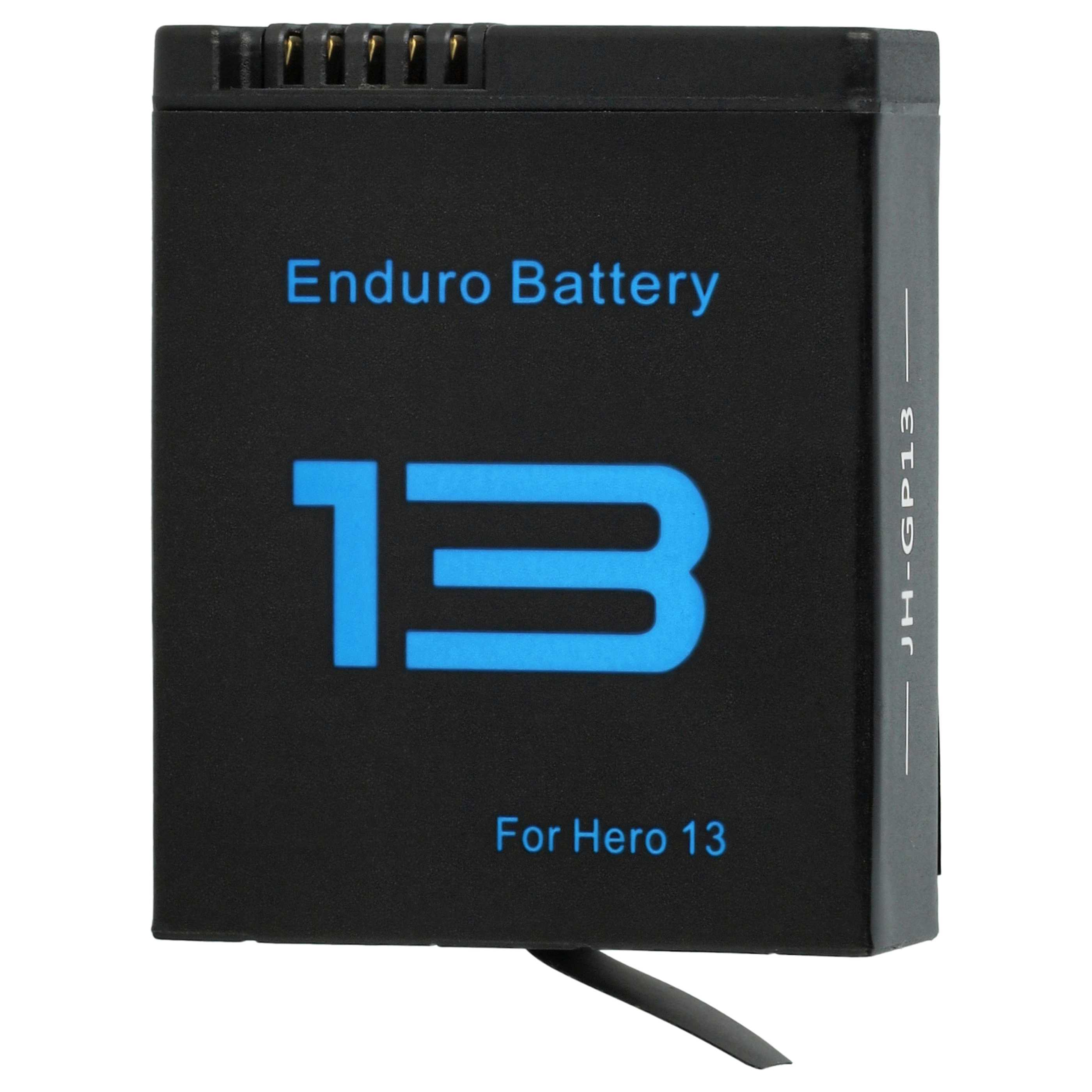 Schwarzer Akku für Hero 13 Kamera. Text: Enduro Battery, 13, For Hero 13. Seite: JH-GP13. Oben goldene Kontakte.