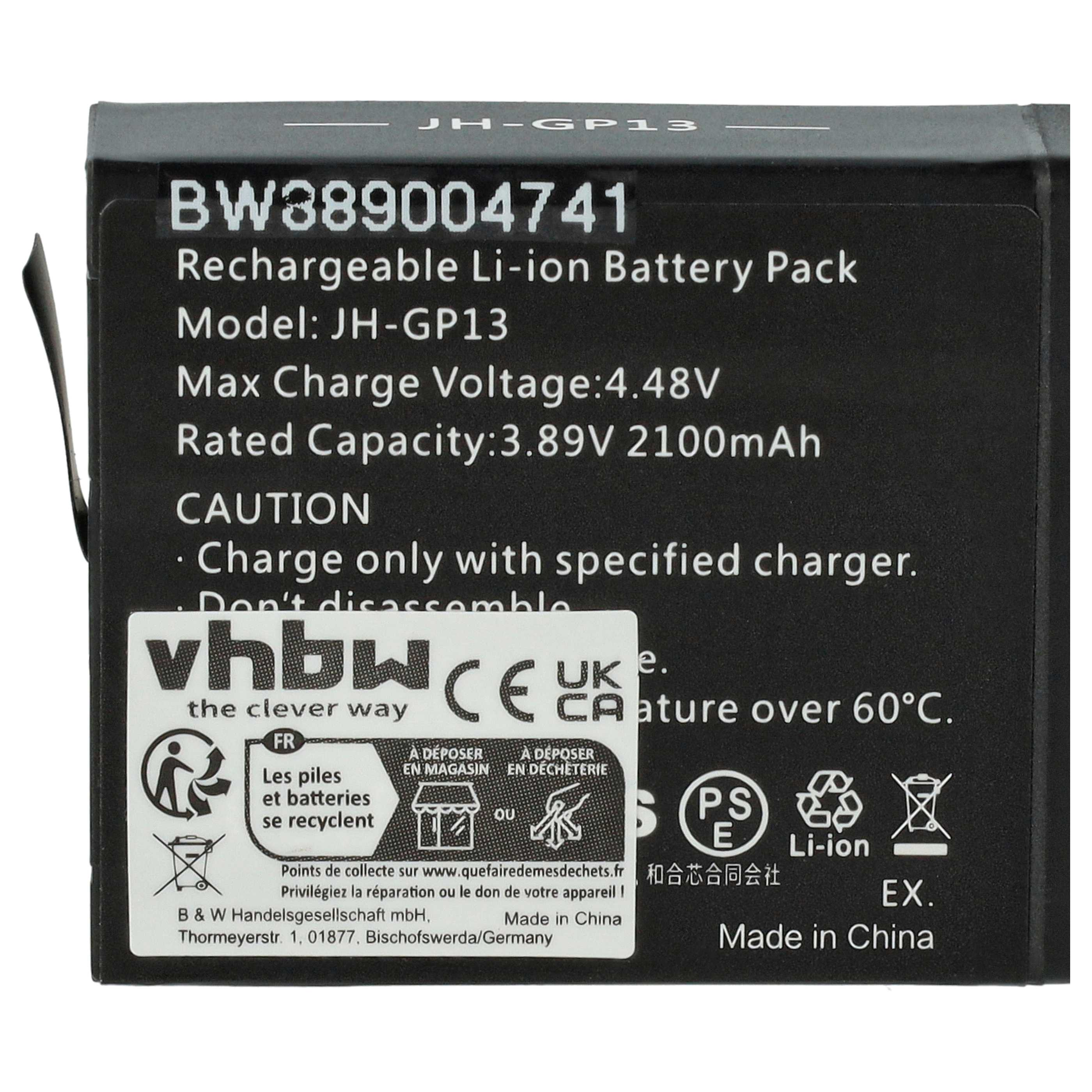 Schwarzer Akku mit weißem Text. Details umfassen Modell, Spannung und Recyclingsymbole. Hergestellt in China.