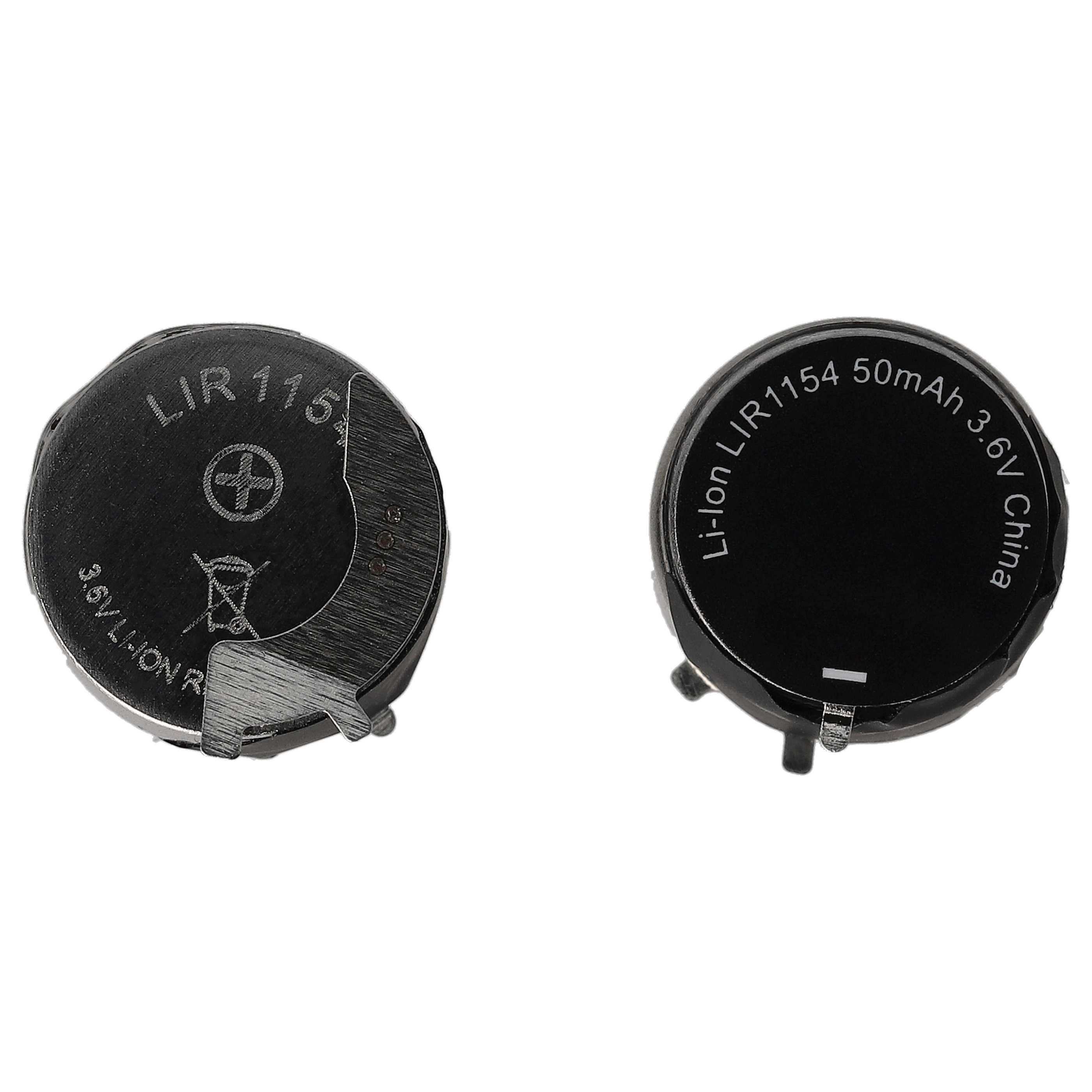 Zwei schwarze Lithium-Ionen-Batterien. Eine zeigt LIR115 und ein Pluszeichen. Die andere zeigt Li-ion LIR1154 50mAh 3.6V.