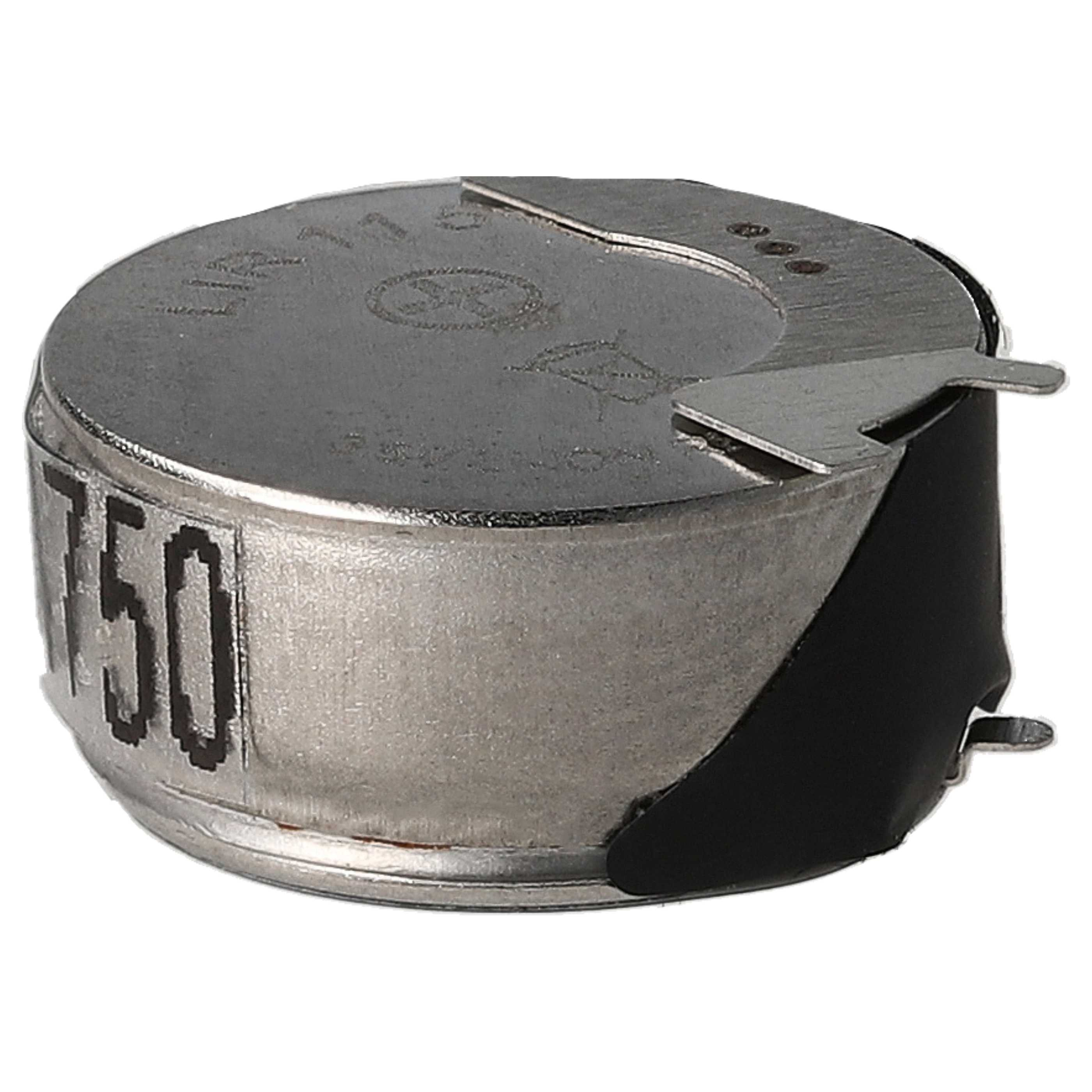 Ein metallisches Potentiometer mit silbernem Gehäuse, schwarzem Abschnitt und Metalllasche. Die Zahl 750 ist sichtbar.