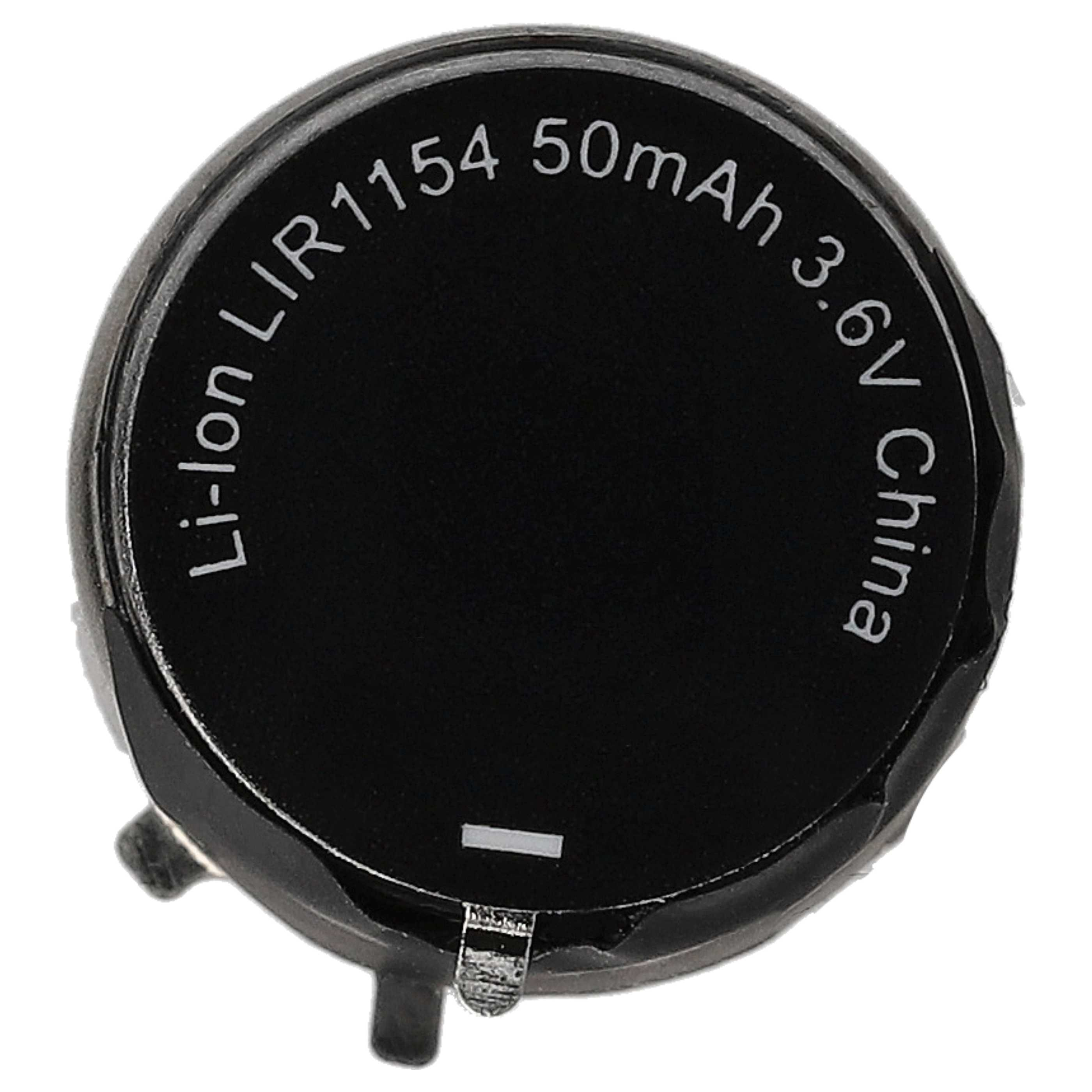 Eine schwarze Li-Ion LIR1154 3,6V 50mAh Batterie. Text: Li-ion LIR1154 50mAh 3.6V China. Silberner Anschluss unten.