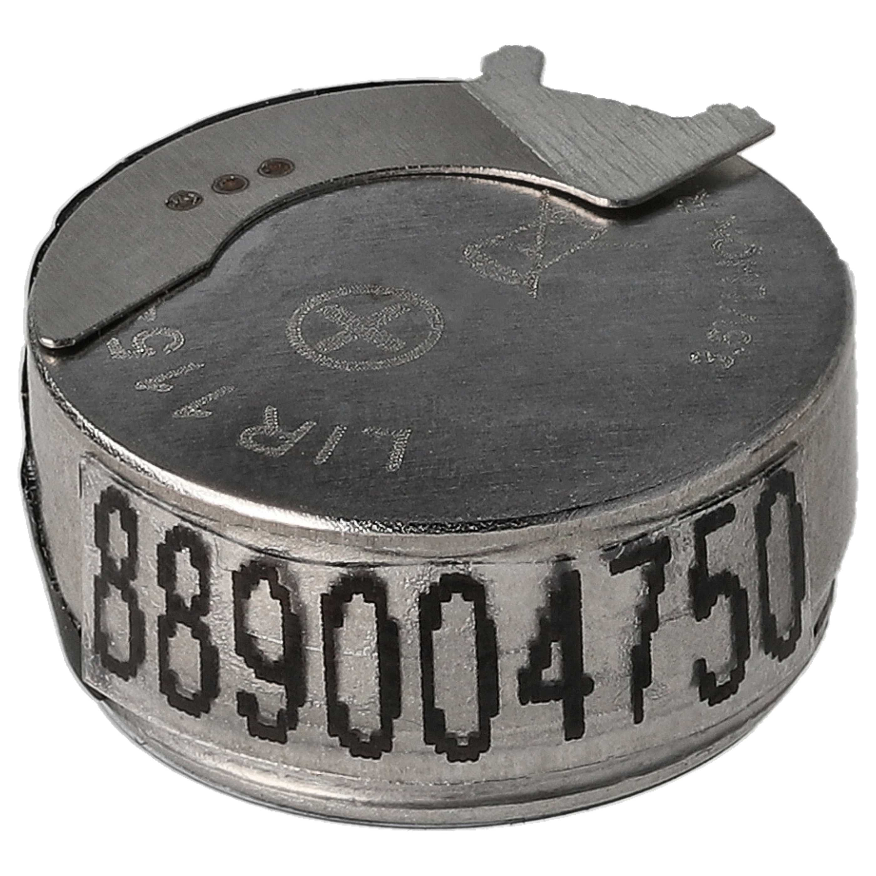 Eine kleine Metallbatterie mit einer Metallhalterung oben. An der Seite ist die Nummer 889004750 aufgedruckt.