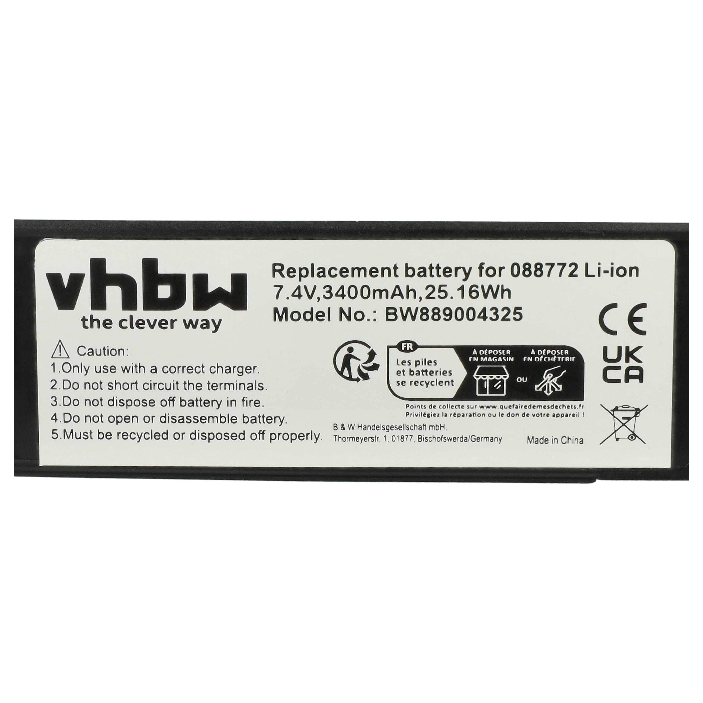 Schwarzes Batterieetikett mit weißem Text. Es listet Warnungen und Recyclinganweisungen auf. Die Marke ist vhbw.