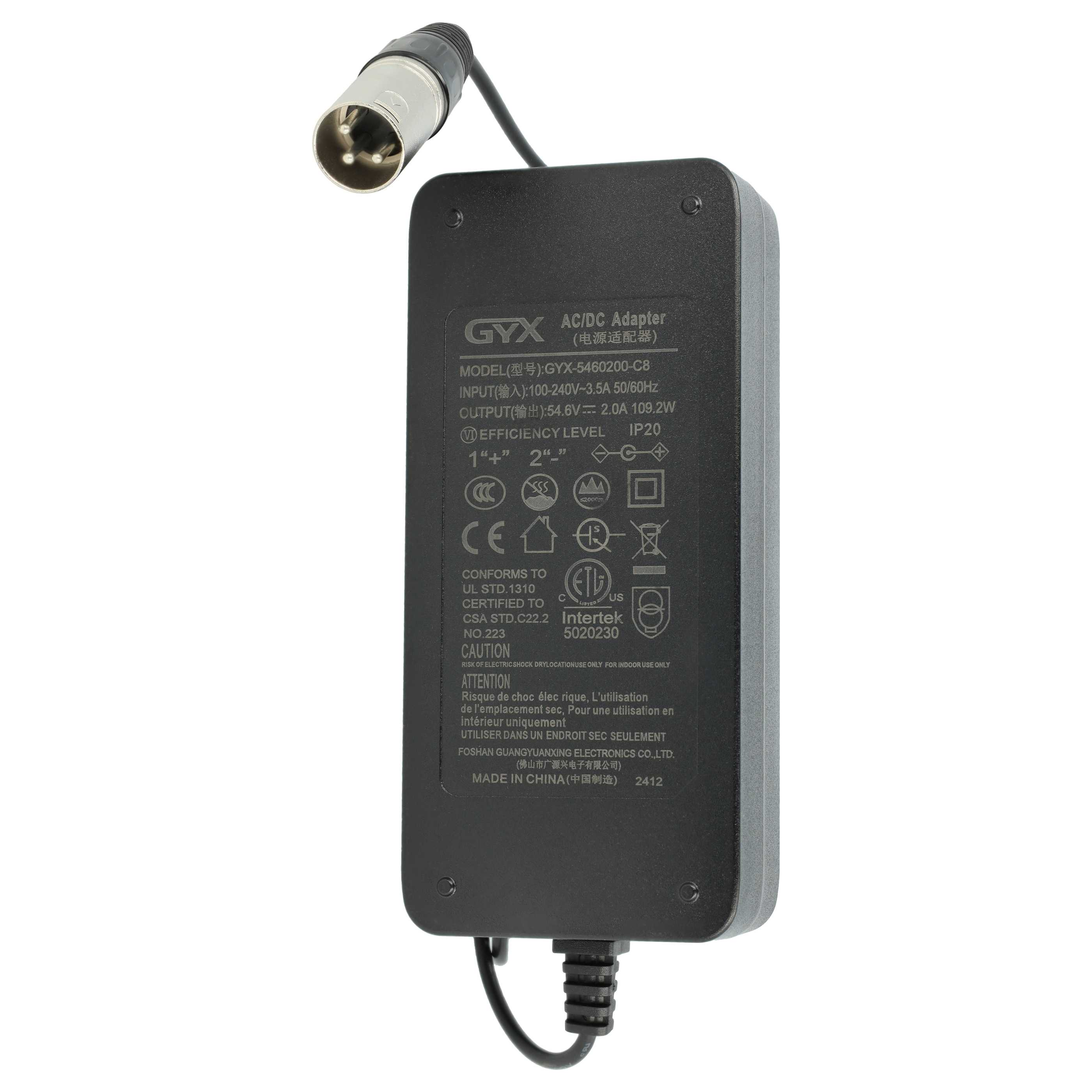 Schwarzer AC/DC-Adapter mit Kabel und Stecker. Aufschrift mit Modell, Ein- und Ausgangsdaten sowie Sicherheitsinformationen.