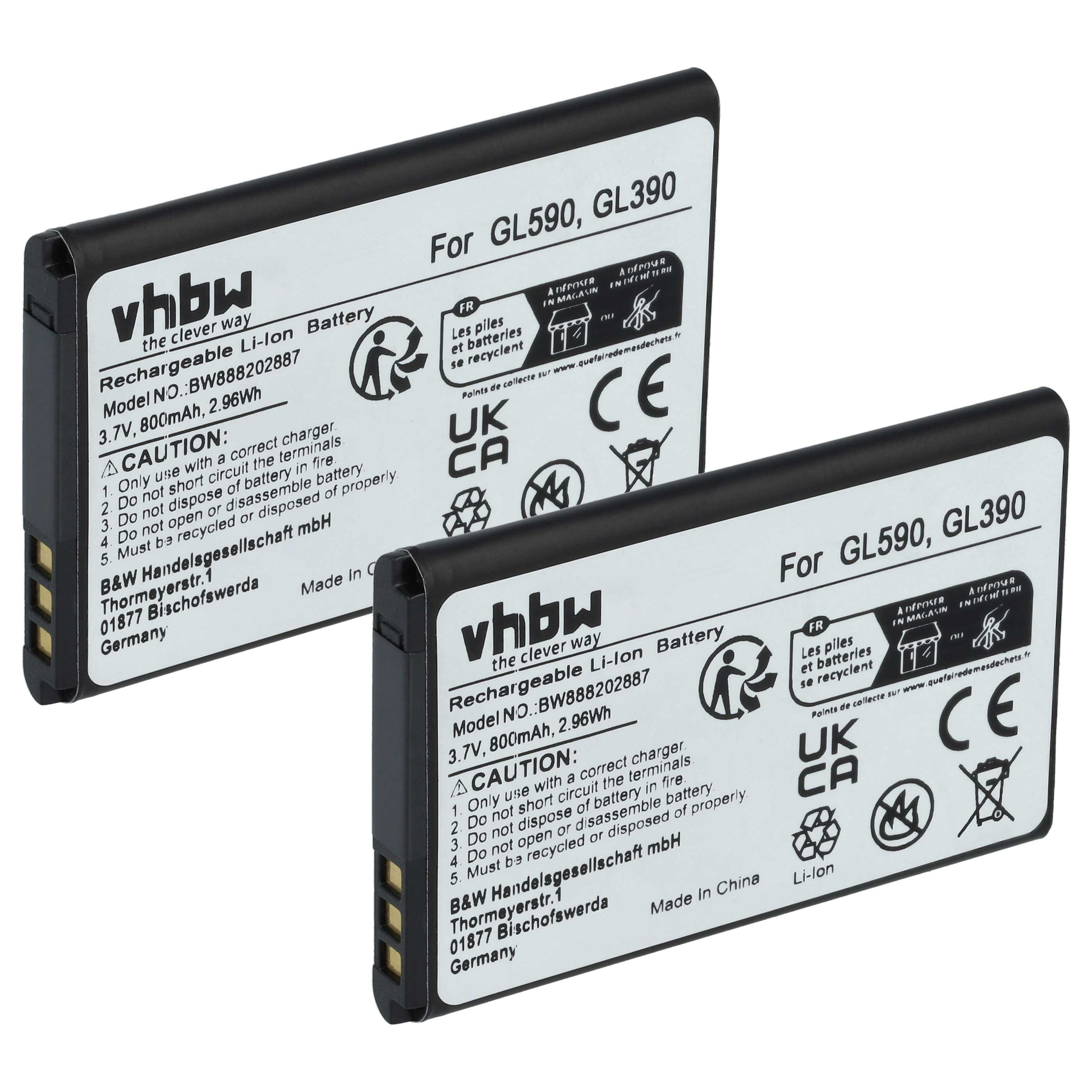 Zwei schwarze vhbw Li-Ionen-Batterien. Jede hat weiße Etiketten mit Text, Symbolen und CE-Kennzeichnungen. Der Text enthält Warnhinweise.