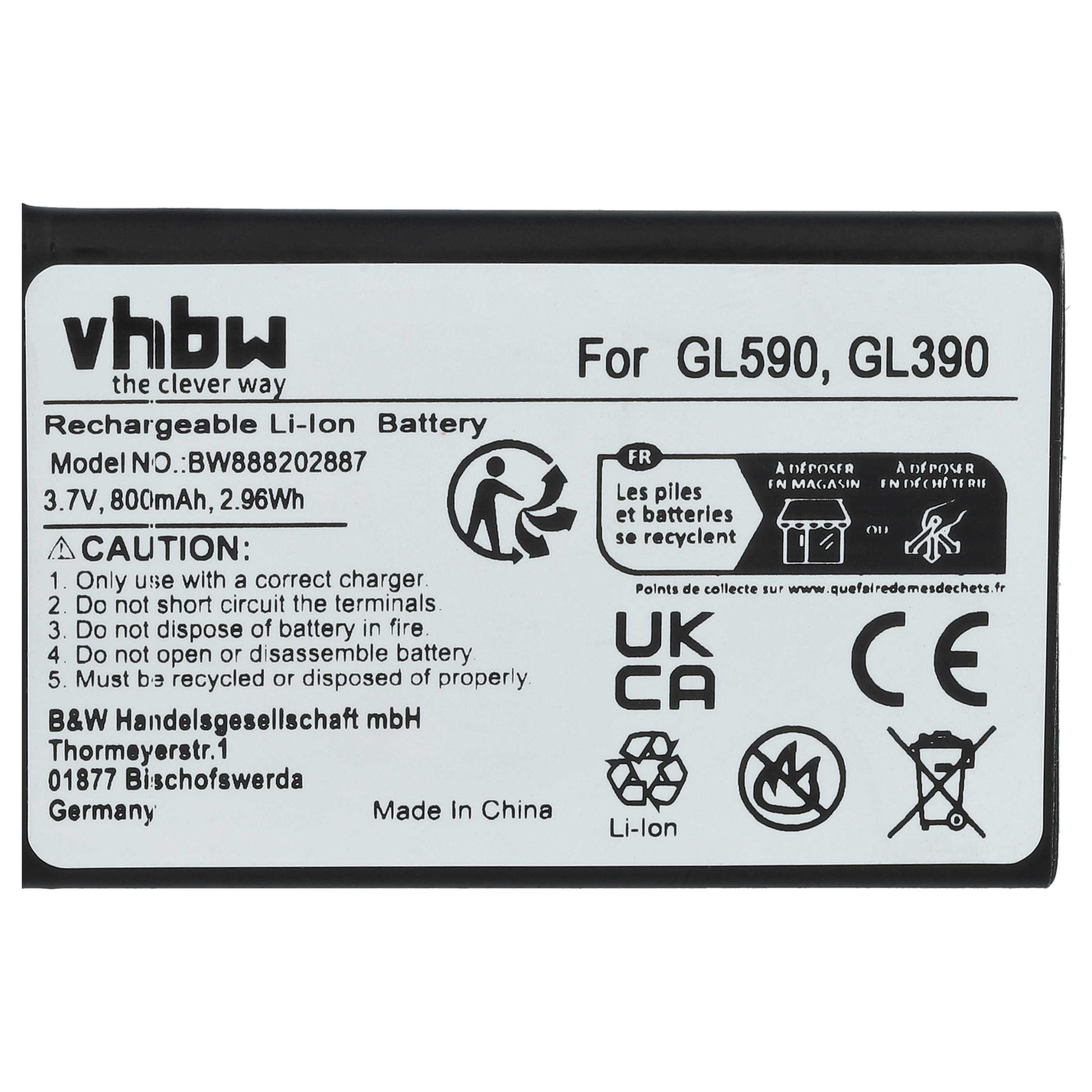 Ein schwarz-weißes Batterielabel mit Text und Symbolen. Es zeigt eine wiederaufladbare Li-Ion-Batterie und hat Warn- und Recyclingsymbole.