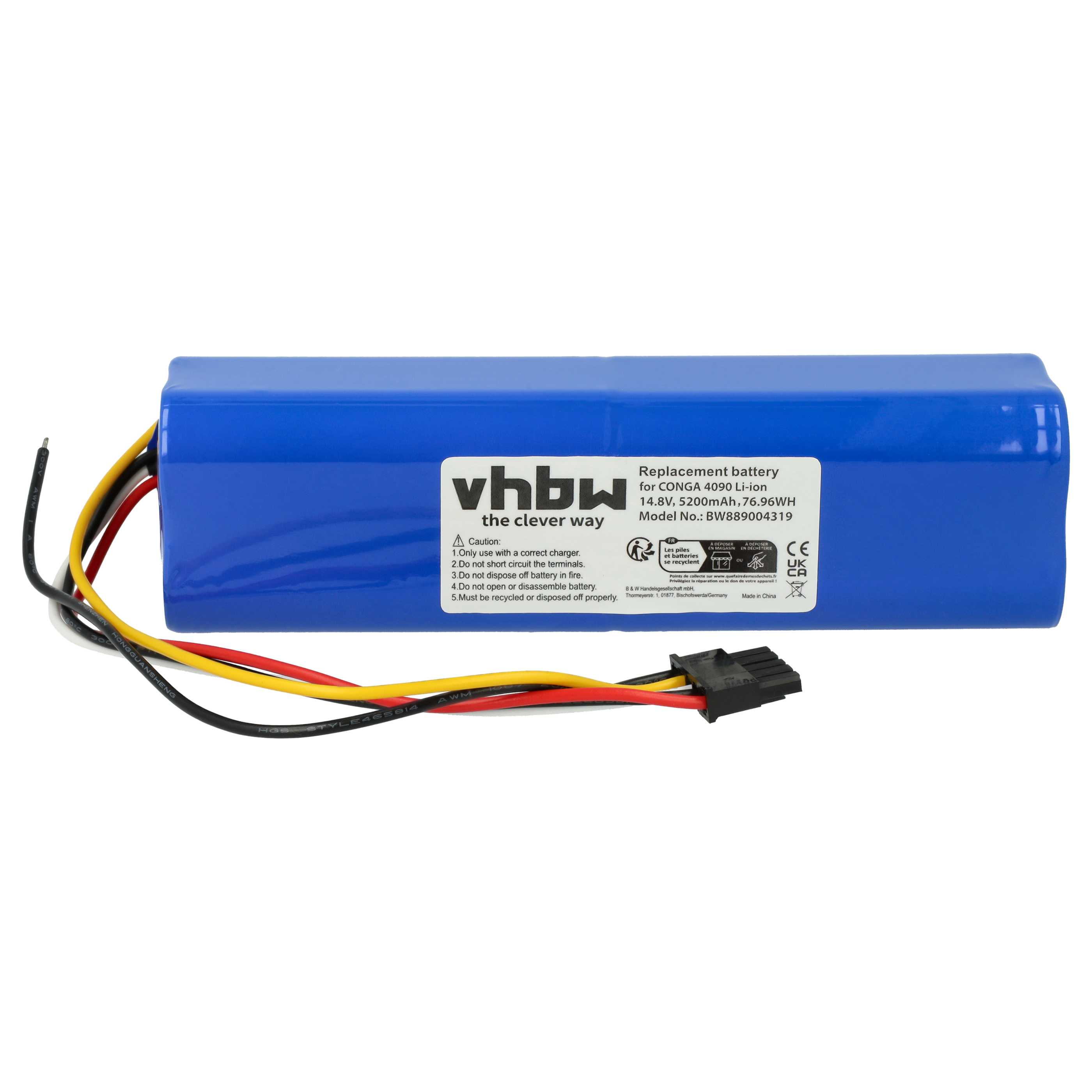 Blauer Akku mit Kabeln und Stecker, weißes Etikett mit Text und Logo.