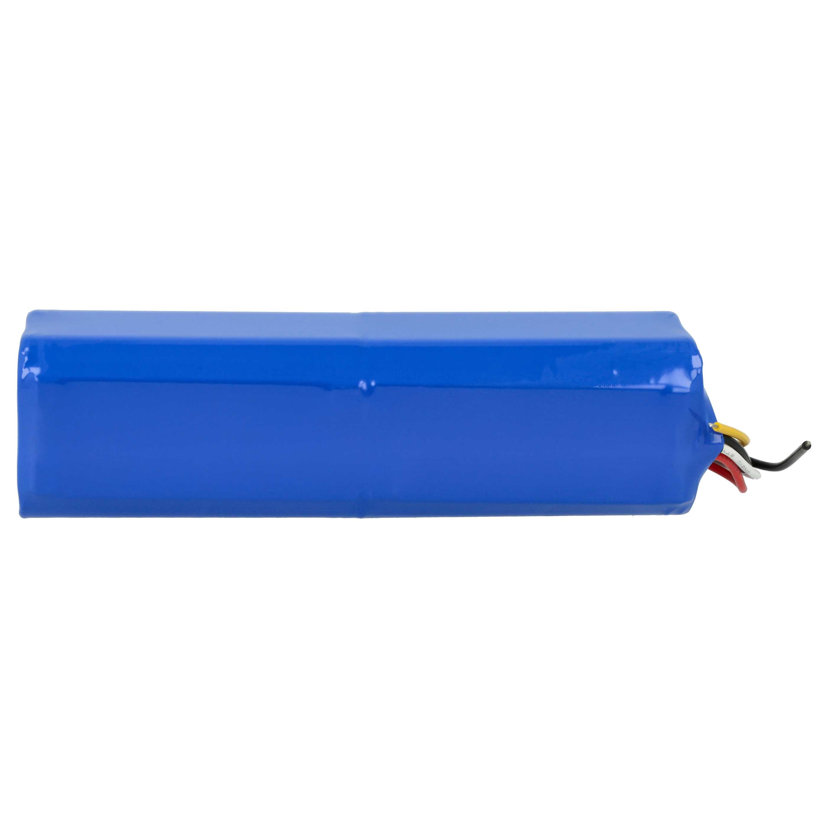 Ein blaues rechteckiges Objekt, möglicherweise eine Batterie, mit Drähten, vor weißem Hintergrund.