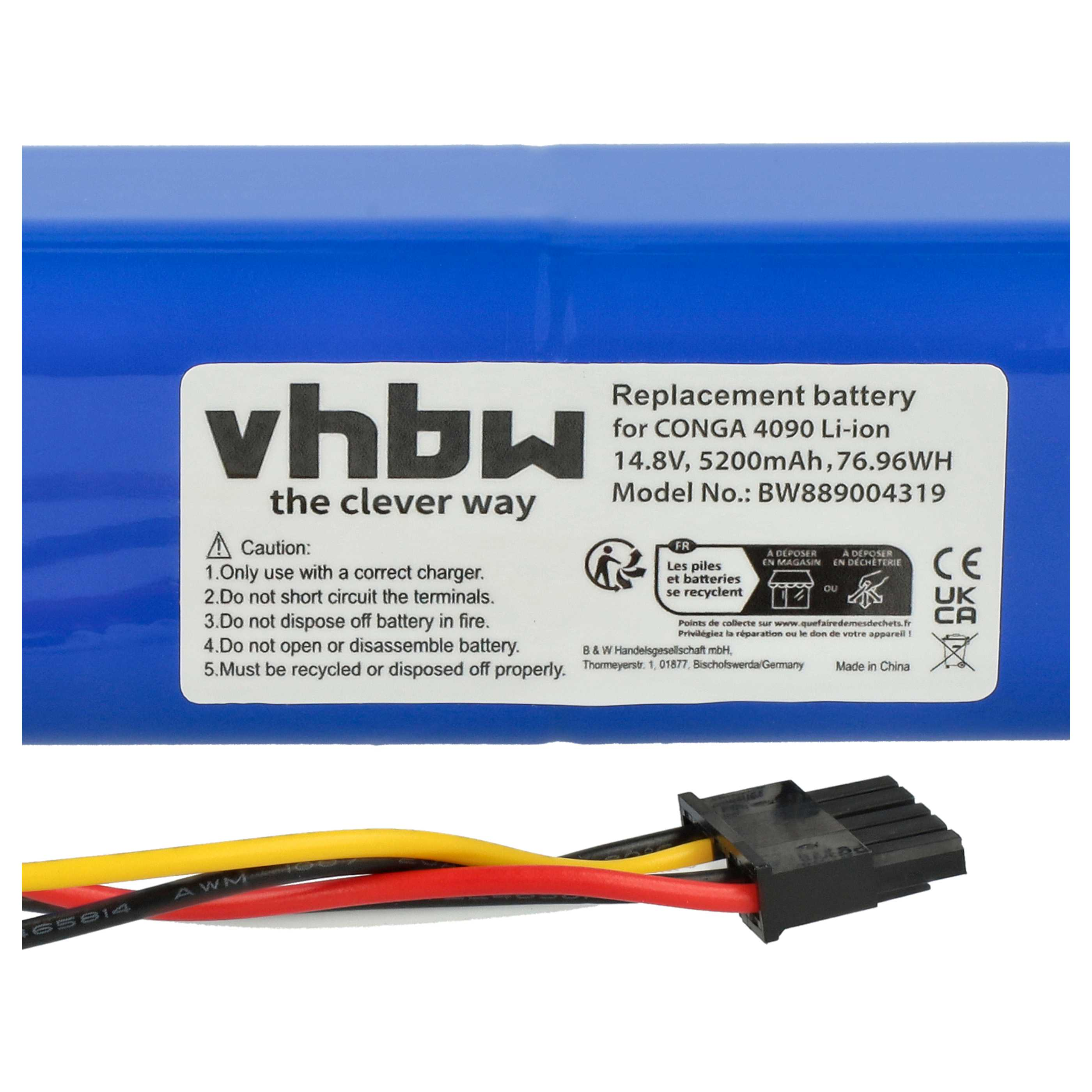 Ein blauer Akku mit weißem Etikett mit Text und einem Stecker mit gelben, roten und schwarzen Drähten.