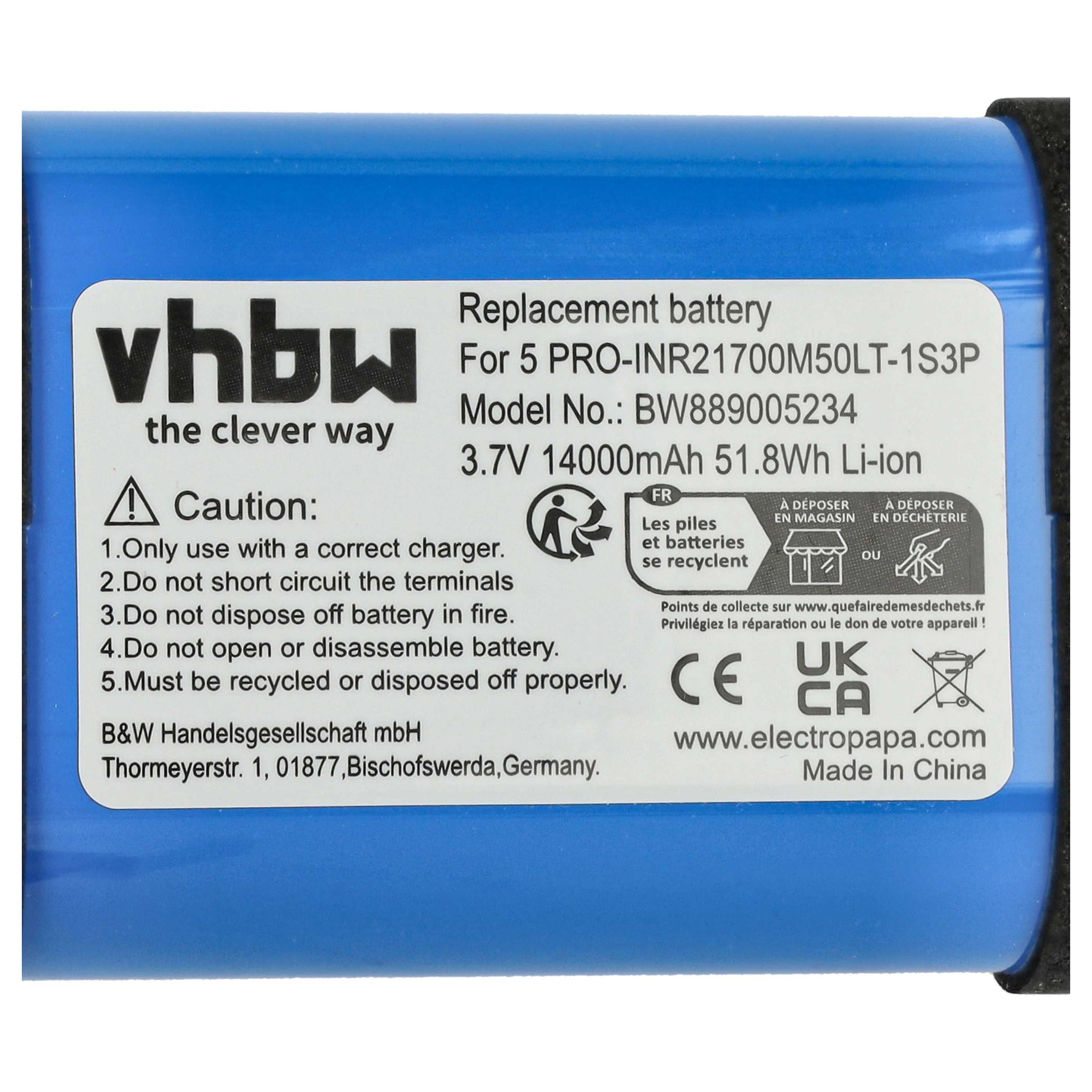 Eine blaue Batterie mit einem weißen Etikett. Das Etikett hat Text und Logos. Es lautet vhbw, Vorsicht und Ersatzbatterie.