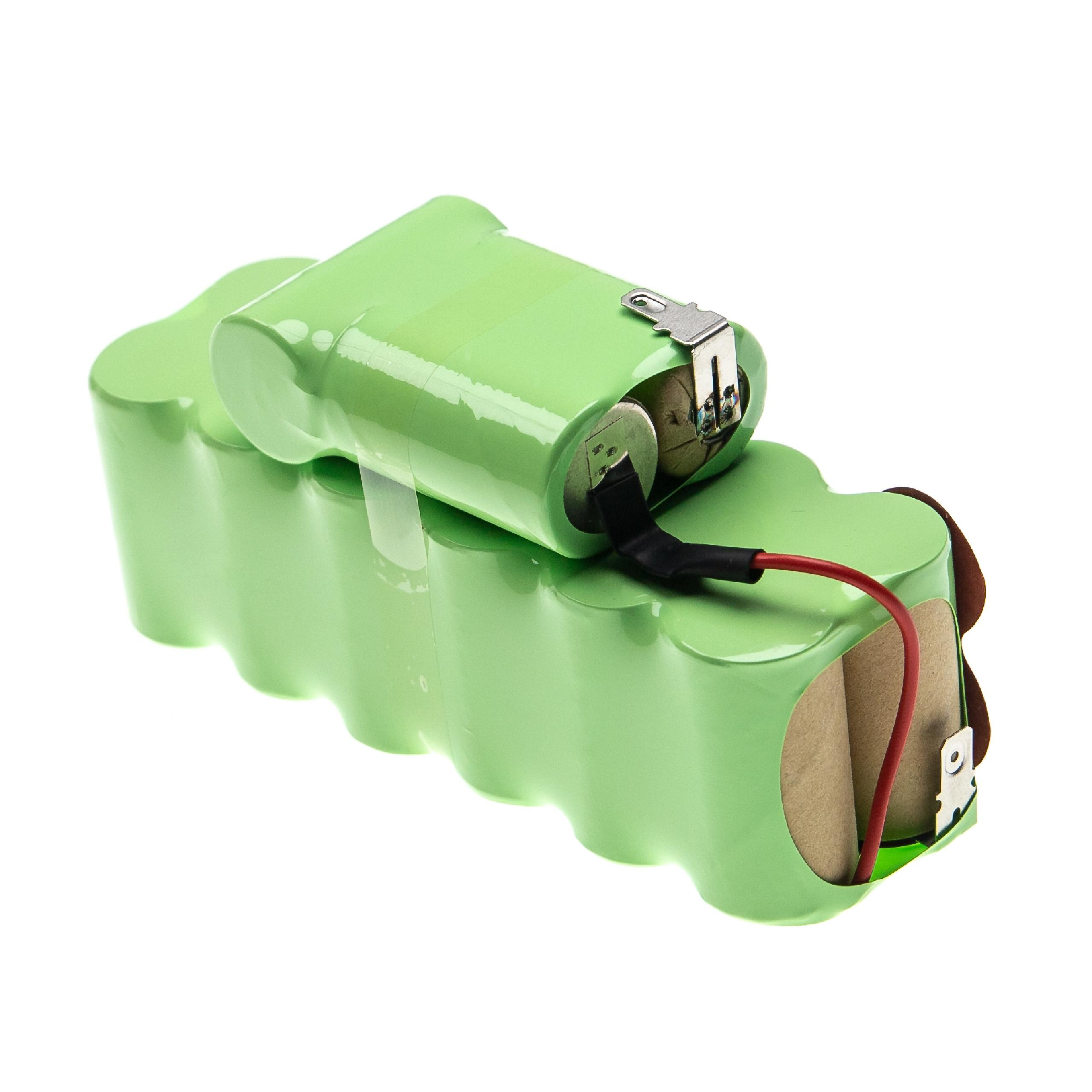 Ein grünes Batteriepack mit Drähten und Metallkontakten vor weißem Hintergrund. Das Pack ist rechteckig.