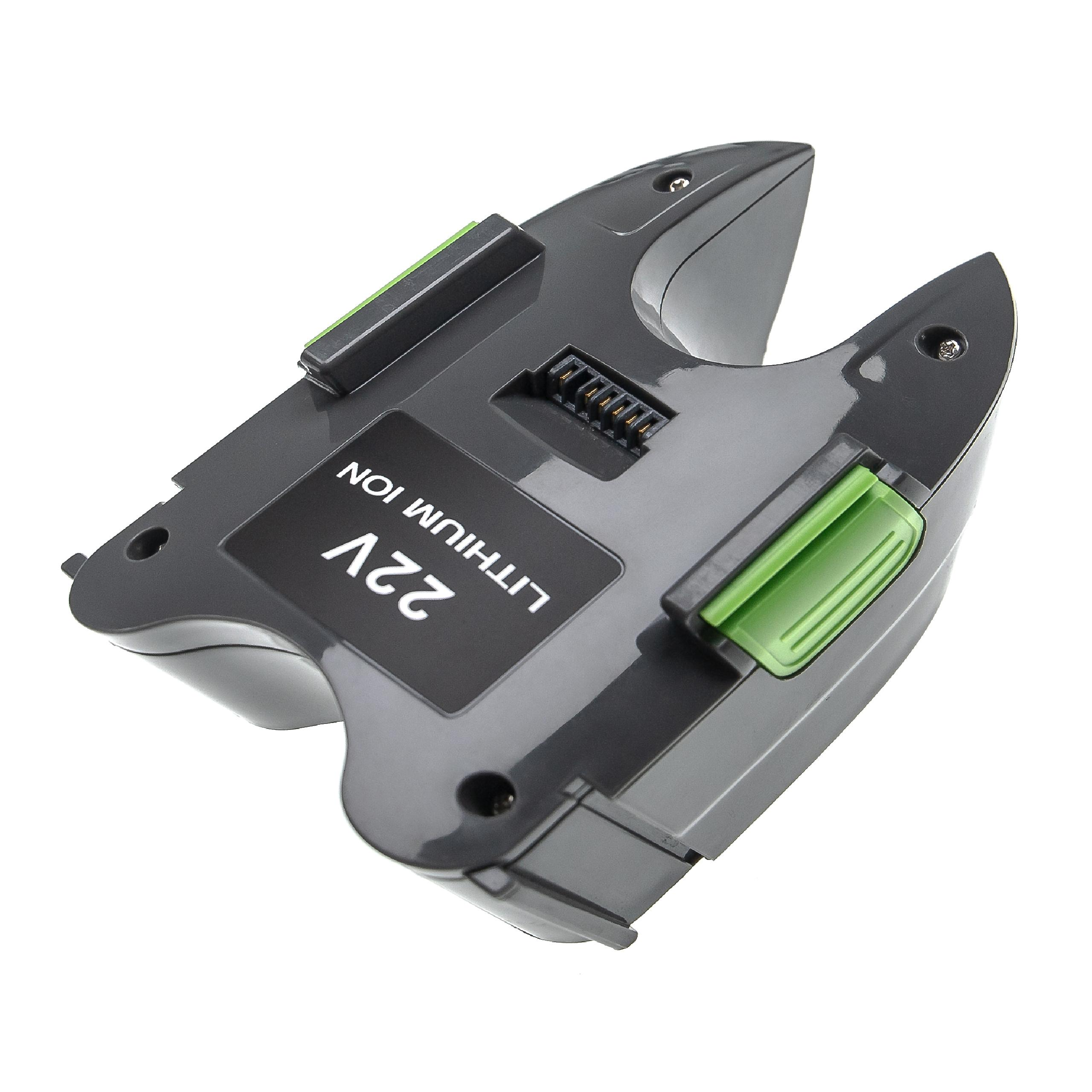 Ein grauer 22-V-Lithium-Ionen-Akkupack. Es hat grüne Akzente und einen Anschluss. Der Hintergrund ist schlicht weiß.