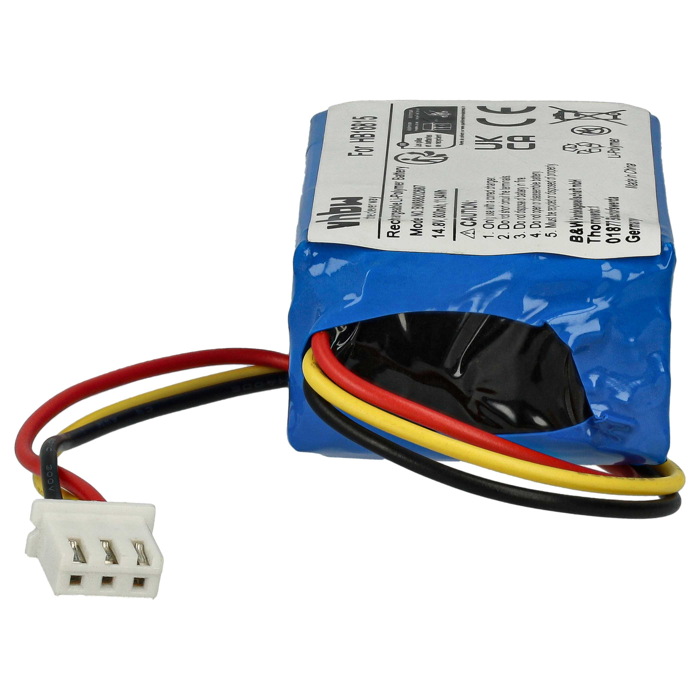 Ein blaues Akkupack mit Drähten und einem Anschluss. Auf dem Akku steht 'Rechargeable Li-Polymer Battery'.