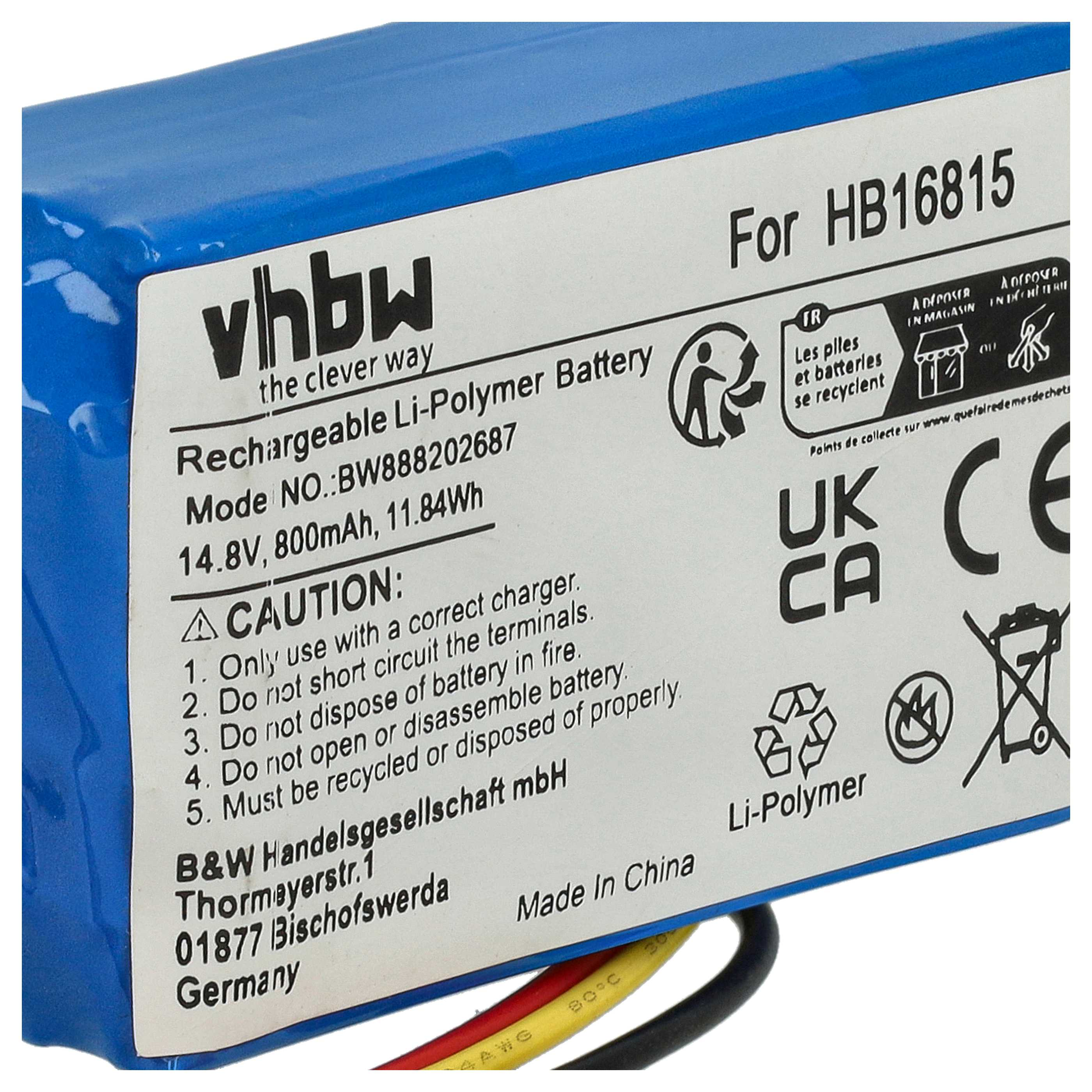 Blauer Akku mit weißem Etikett. Text beinhaltet: 'Rechargeable Li-Polymer Battery', 'CAUTION' und Warnhinweise. Schwarze, rote und gelbe Drähte.