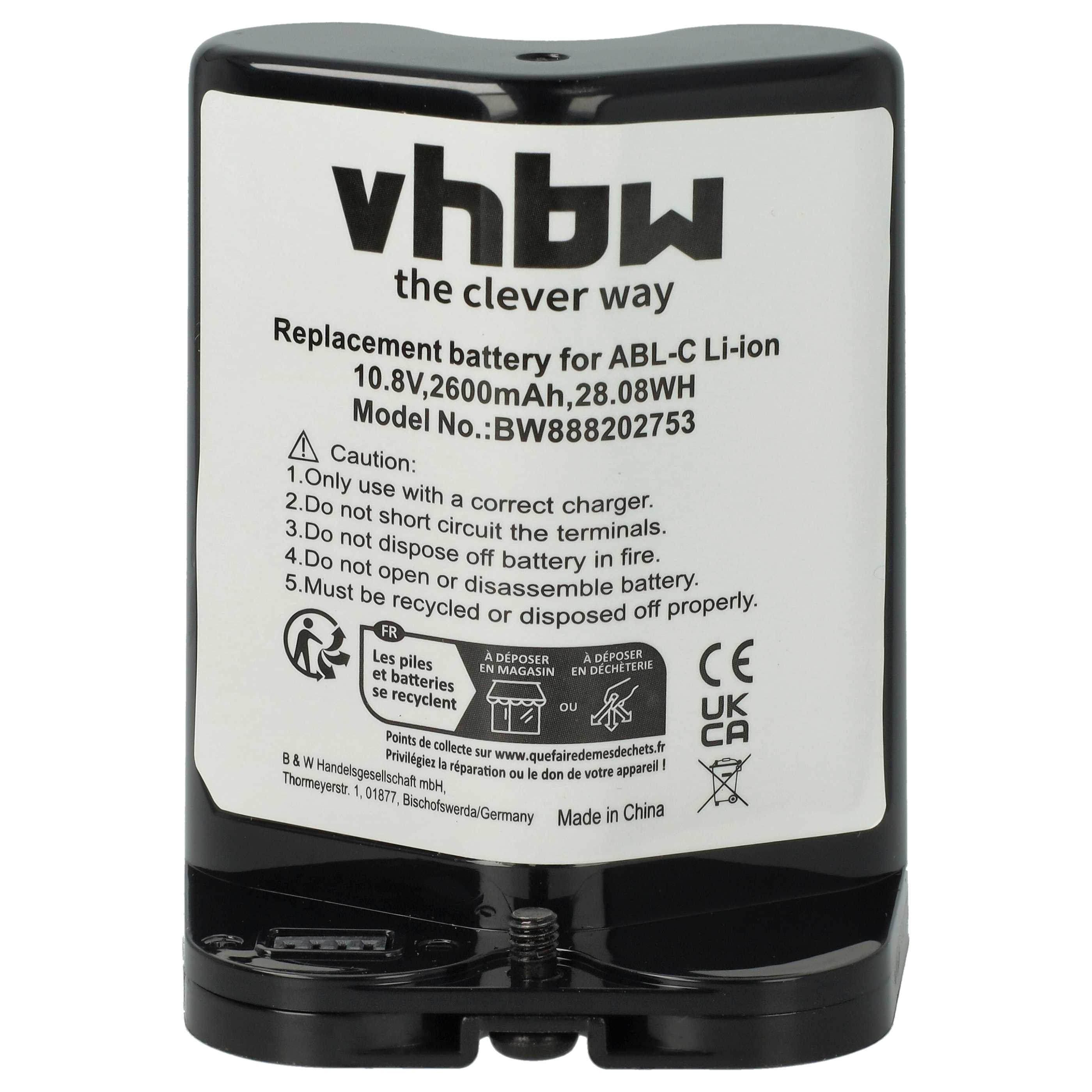 Schwarzer Akku mit weißem Etikett. Text enthält 'vhbw', Batterieinformationen und Recycling-Symbole.