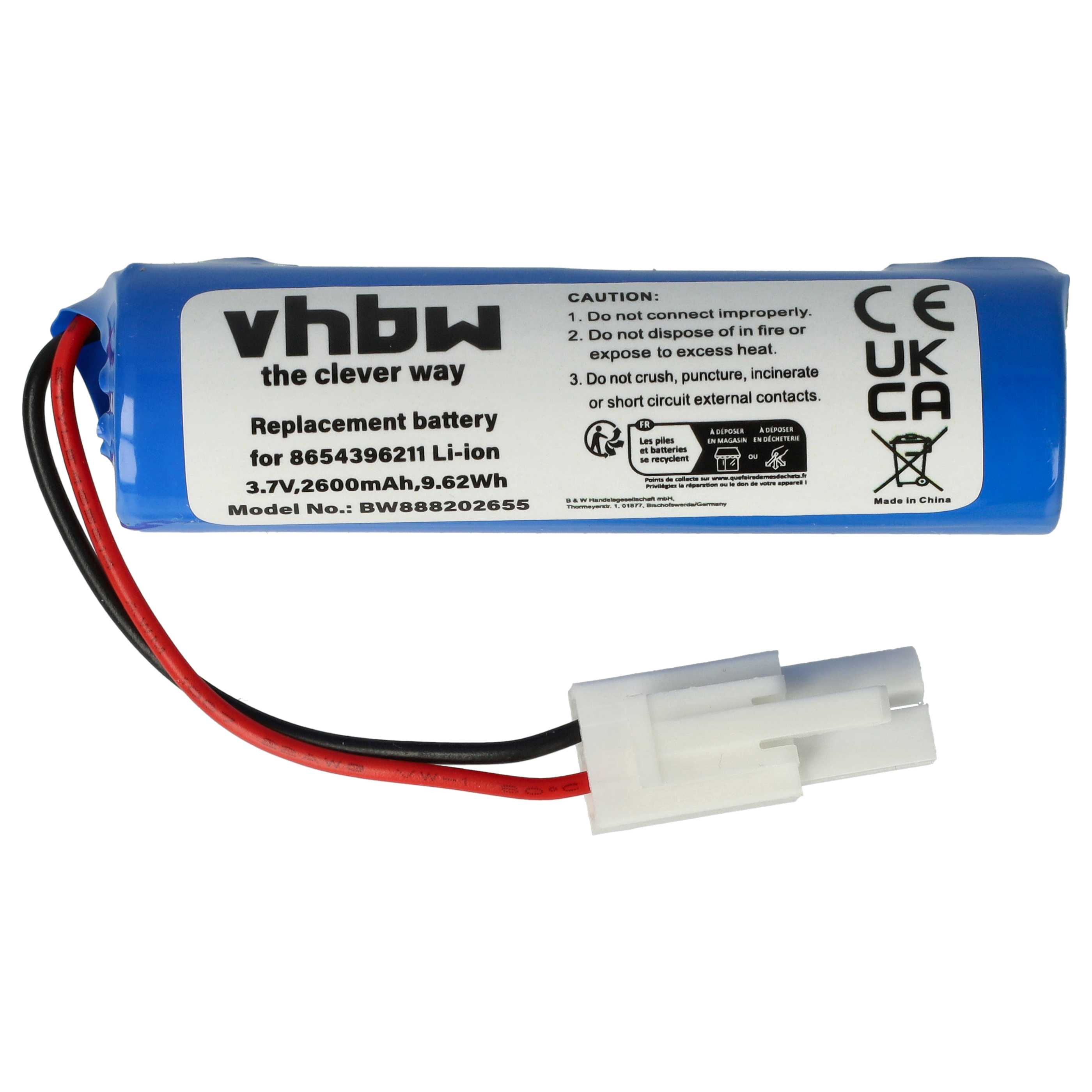 Eine blaue vhbw-Ersatzbatterie. Schwarze und rote Drähte sind mit einem weißen Stecker verbunden. Text auf der Batterie.