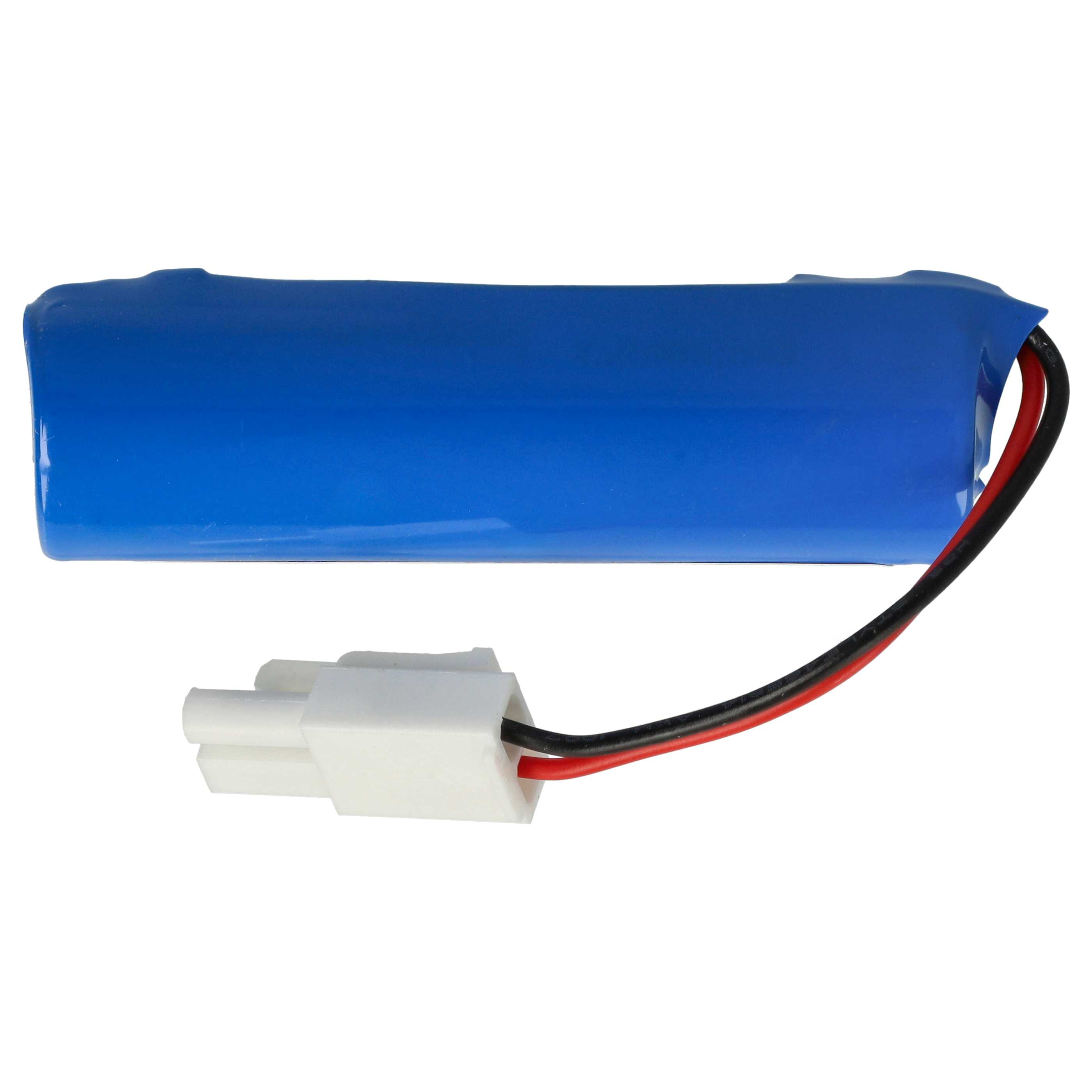 Blauer Akku mit weißem Stecker und rot/schwarzen Drähten.
