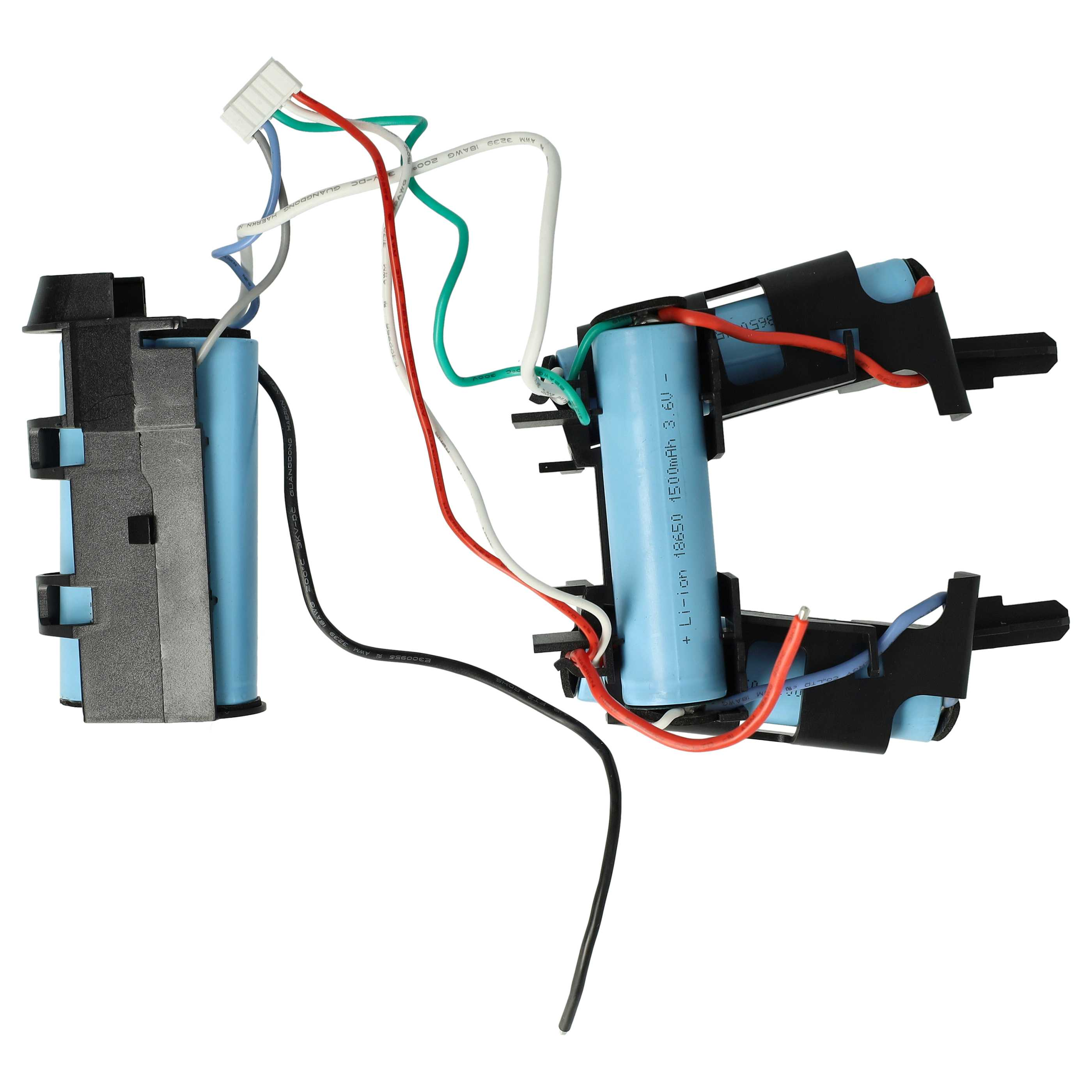 Das Bild zeigt Batteriezubehör, verschiedenfarbige Drähte und einen weißen Hintergrund. Komponenten scheinen Teil eines Geräts zu sein.