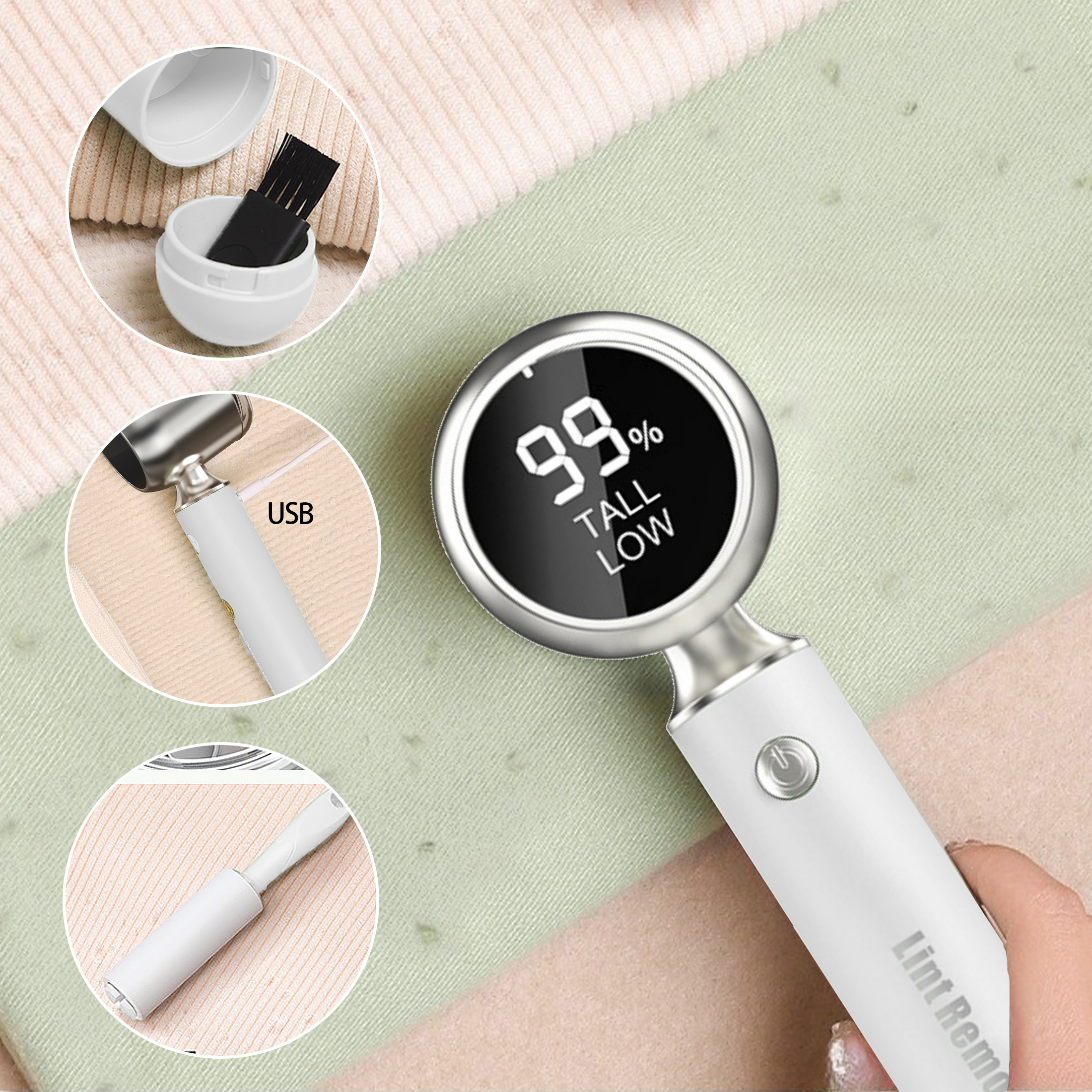 Ein weißer Fusselentferner mit Digitalanzeige, die 99 % anzeigt. Drei Detailaufnahmen zeigen Bürste, USB-Anschluss und Walzenkomponenten.