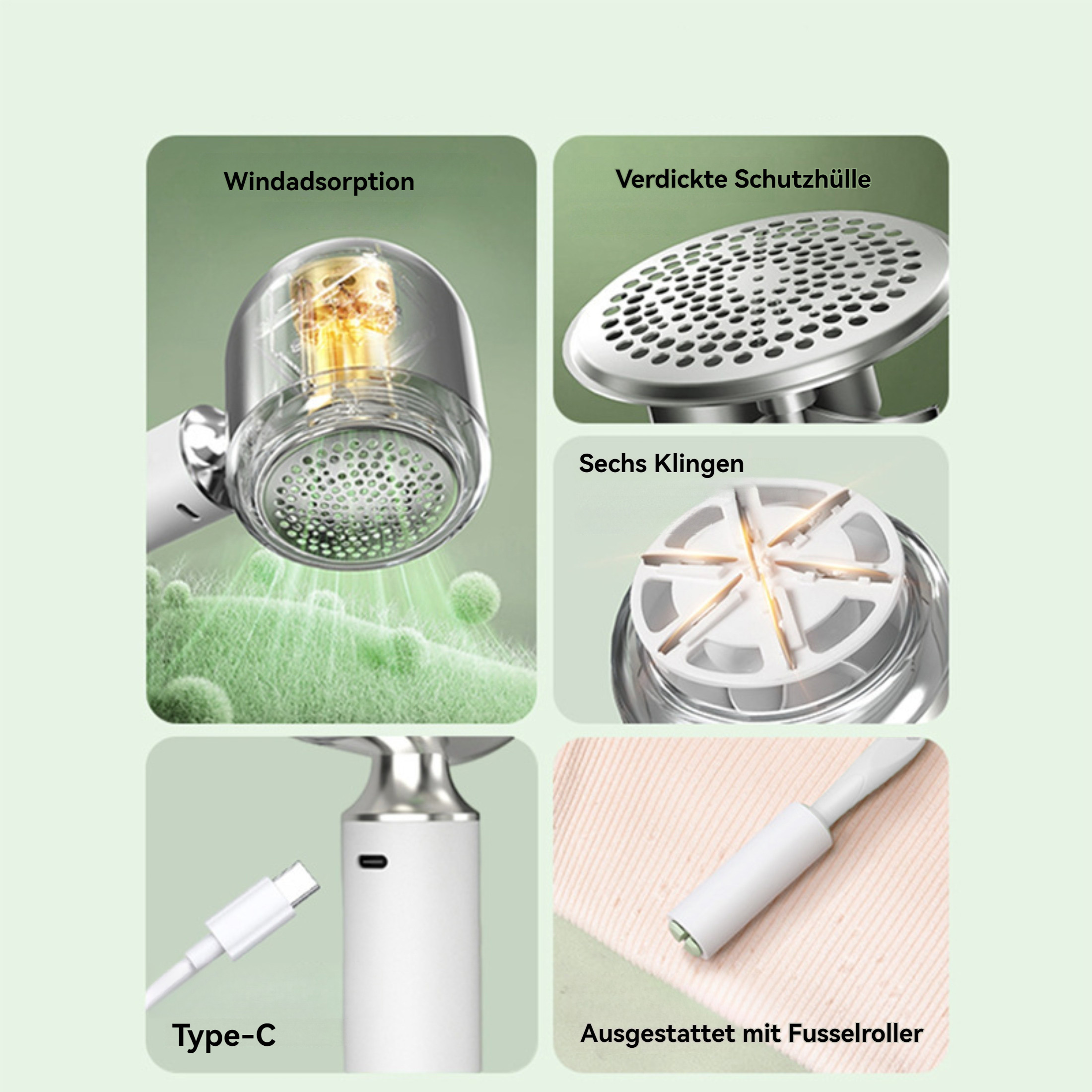 Das Bild zeigt einen Fusselentferner mit Details von Teilen: Windabsorption, Klingen, Typ-C-Anschluss und Fusselrolle.