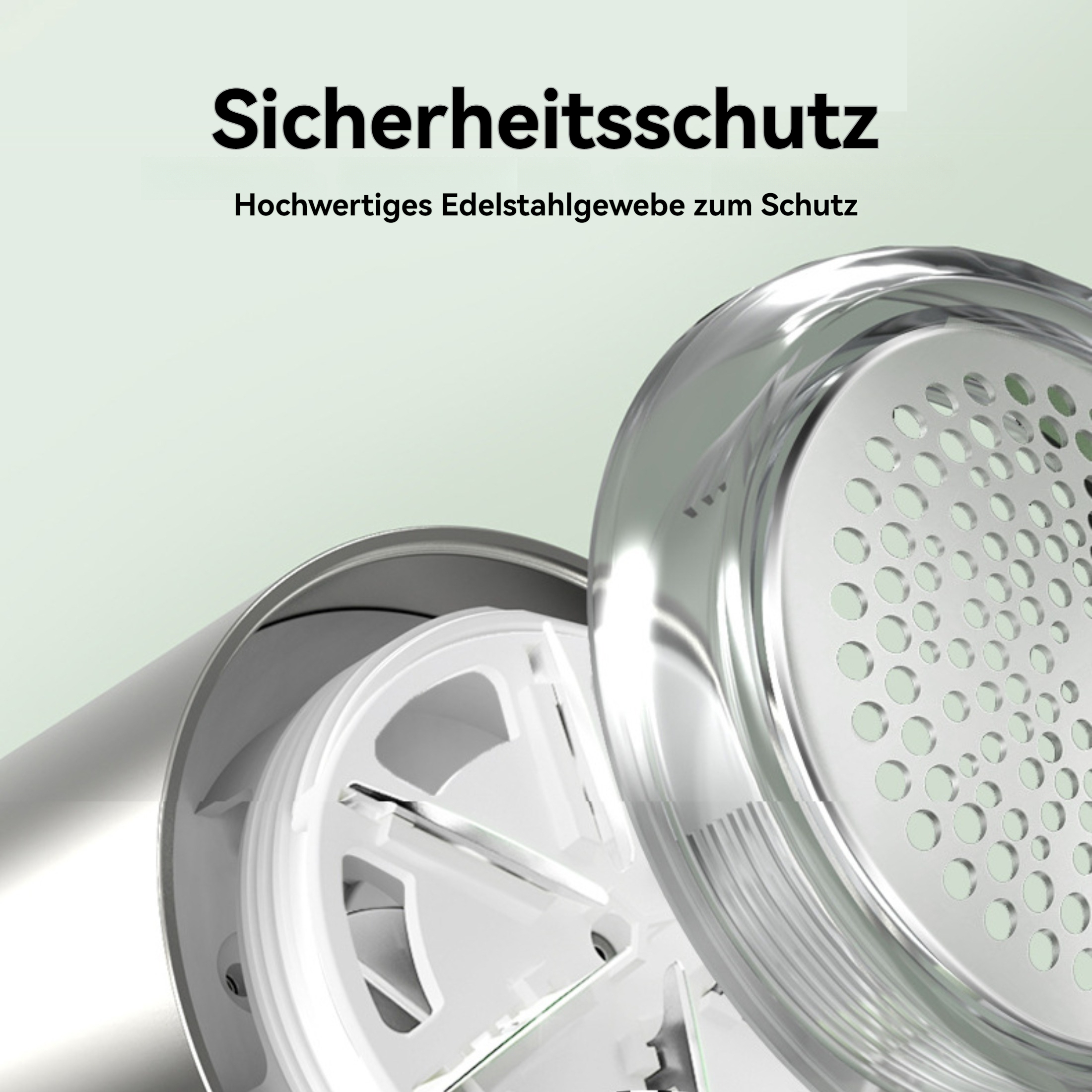 Nahaufnahme eines Metallgeräts mit perforiertem Deckel. Der Text lautet 'Sicherheitsschutz'. Weiß und Silber dominieren das Bild.