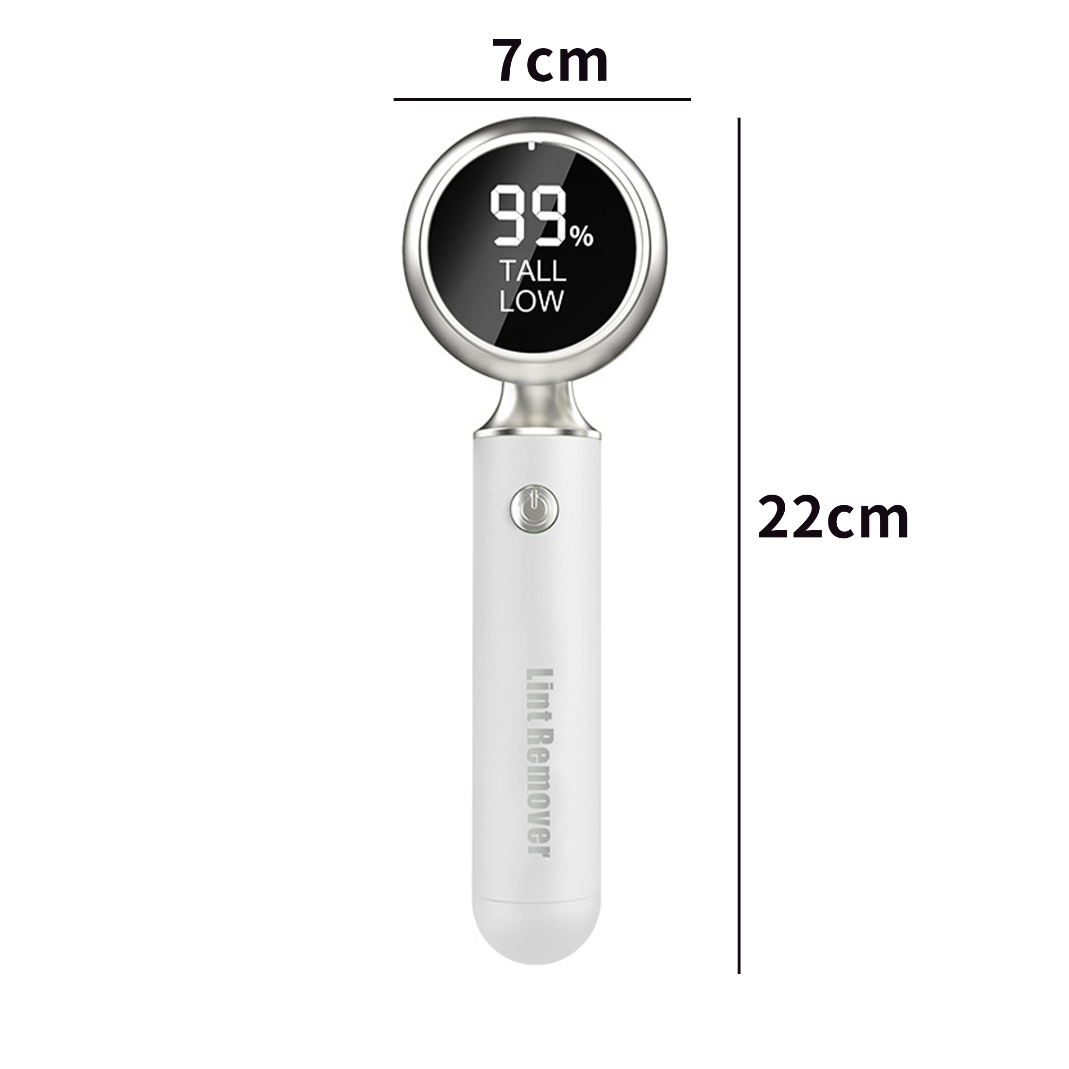 Weißer Fusselentferner mit Digitalanzeige, die 99% anzeigt. Er hat einen Knopf und misst 22 cm. Der Text lautet 'Lint Remover'.