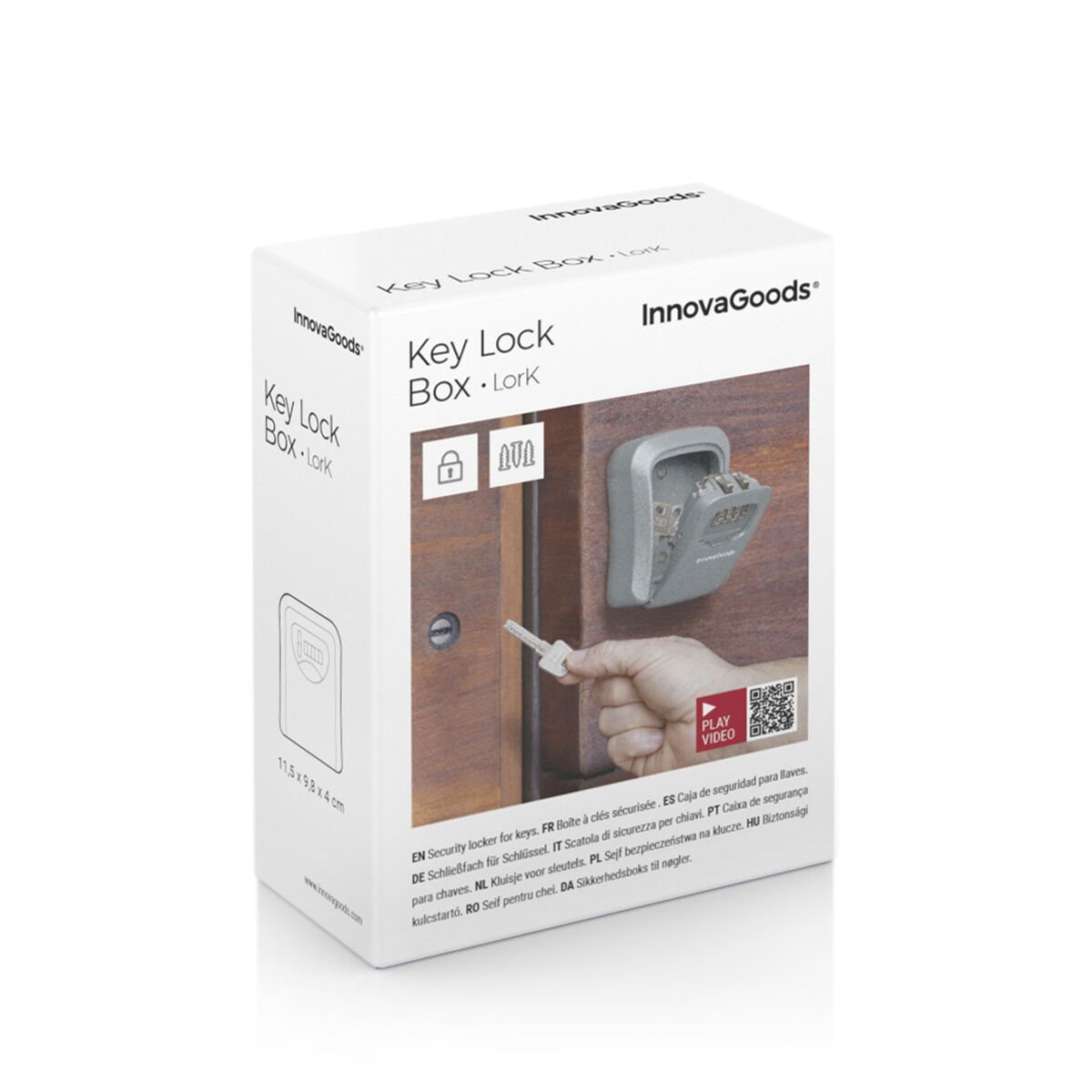 Una caja blanca muestra una caja de seguridad para llaves. Una mano sostiene una llave. El texto incluye 'Key Lock Box' e 'InnovaGoods'.