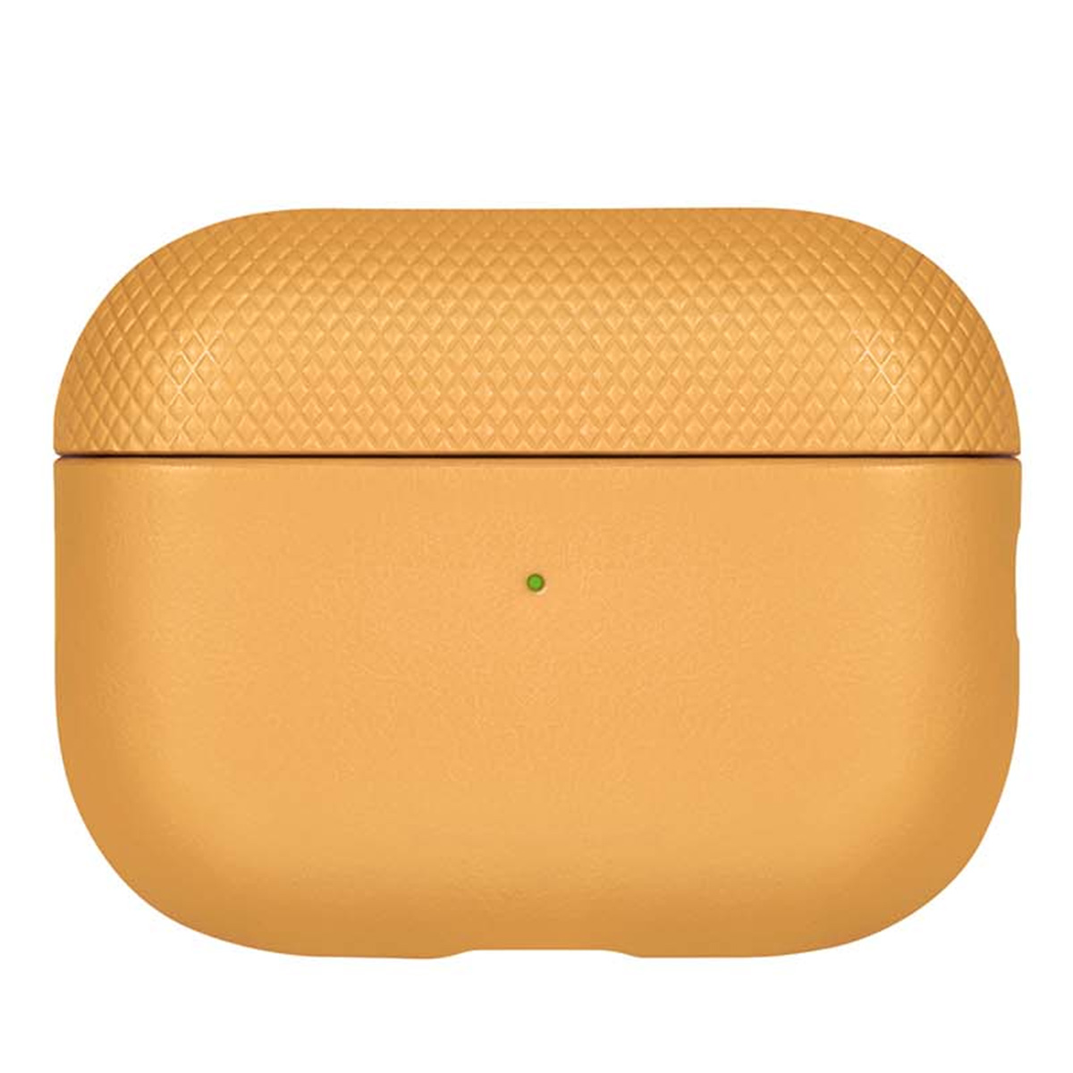 Una funda naranja para AirPods. La tapa tiene un patrón texturizado y la base es lisa. Una luz verde es visible en la base.