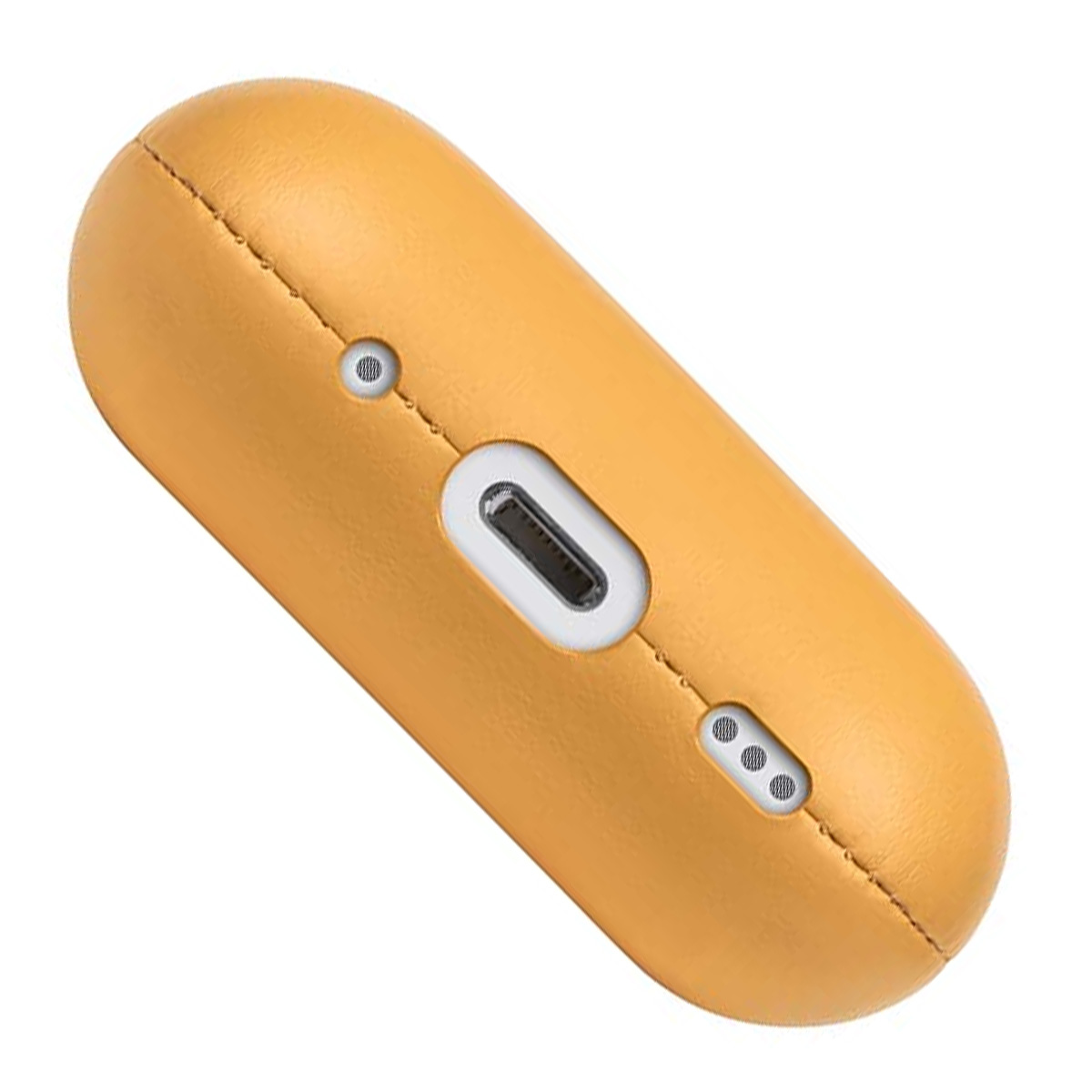 Una funda amarilla y oblonga con un puerto de carga y tres pequeños agujeros. Parece ser una funda para auriculares u otros dispositivos pequeños similares.