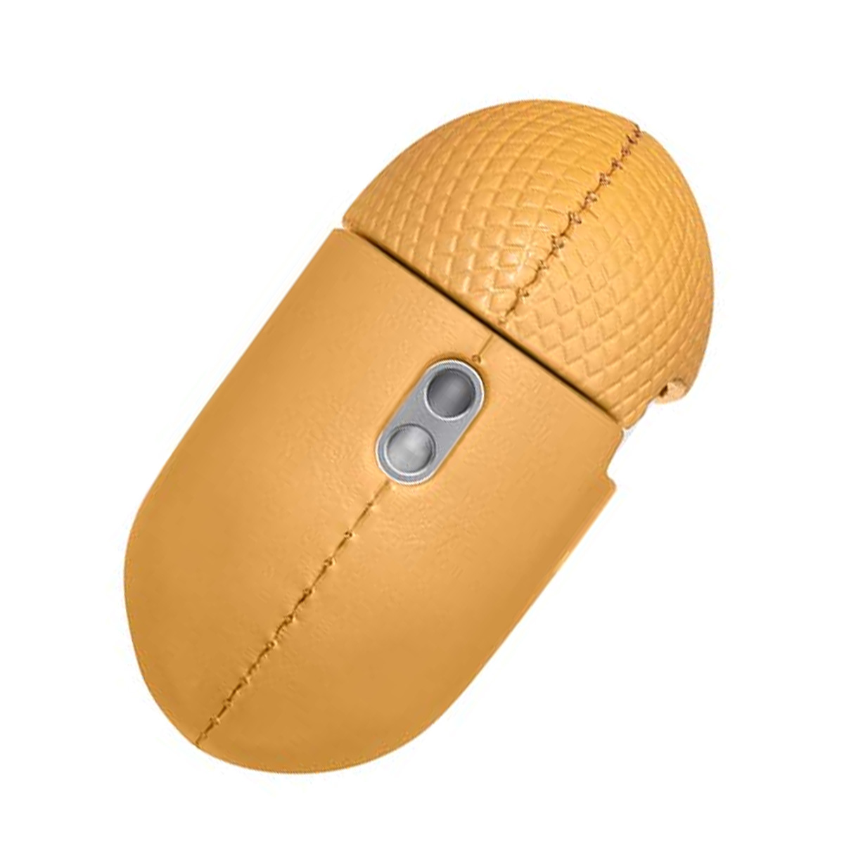 Un objeto en forma de bellota de color canela, posiblemente una funda, con una parte superior texturizada y una inferior lisa. Tiene dos botones plateados.