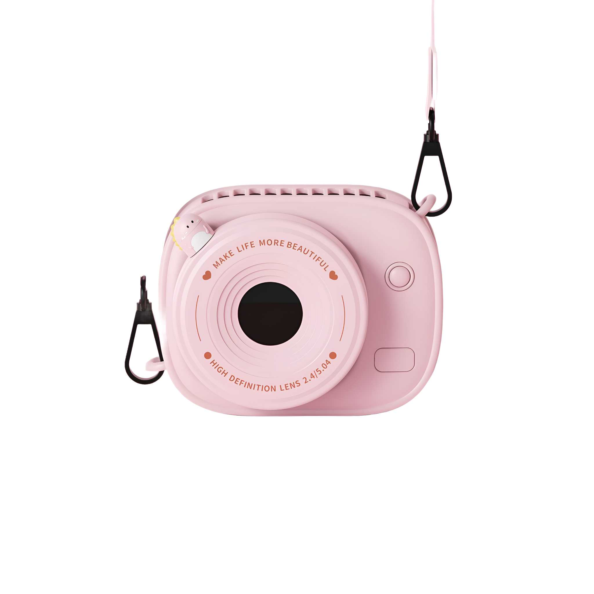 Ein rosa kameraförmiger Ventilator mit Riemen. Merkmale: Linse, Knöpfe und der Text 'Make Life More Beautiful'.