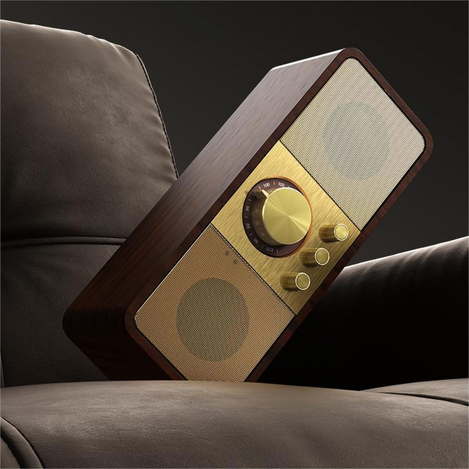 Ein Holz- und Goldradio steht auf einer braunen Ledercouch. Es hat einen großen Knopf und drei kleinere Knöpfe. Der Hintergrund ist dunkel.