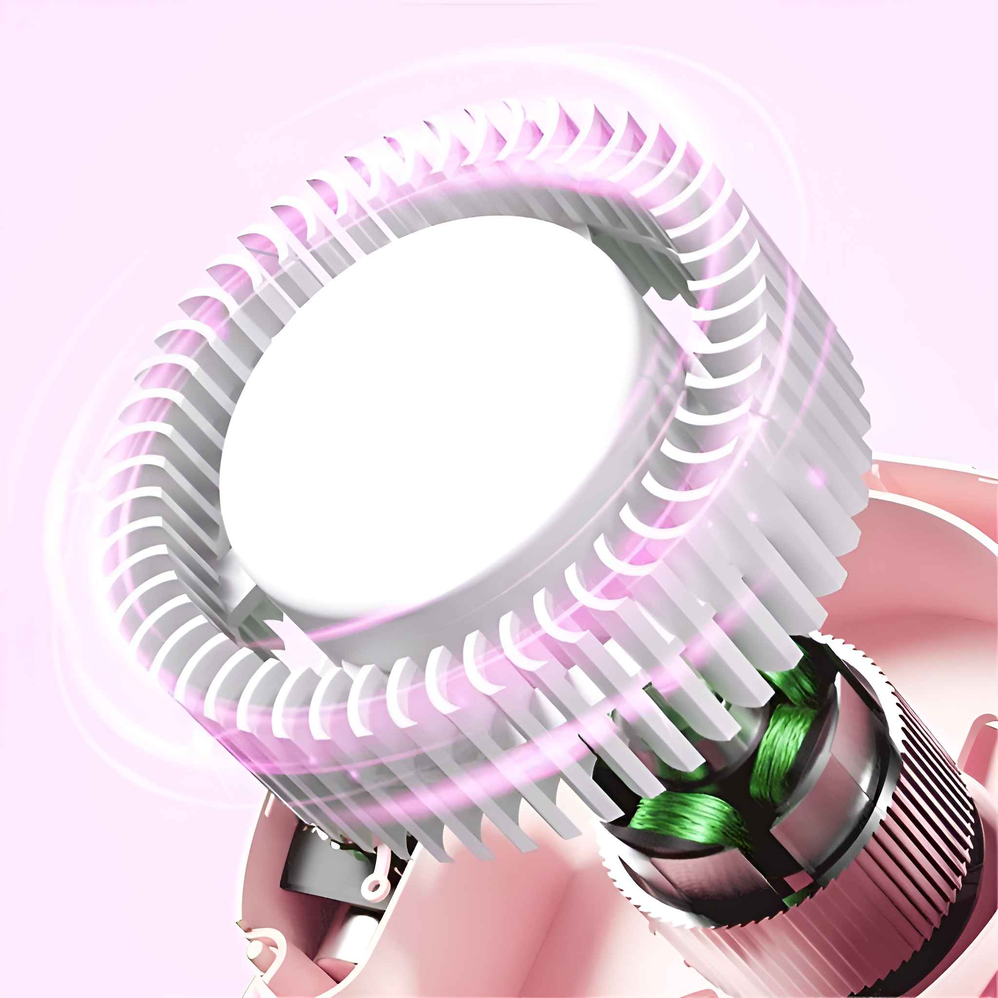 Nahaufnahme eines Haartrocknermotors mit weißem Lüfter, umgeben von rosa Licht und grünen Spulen.