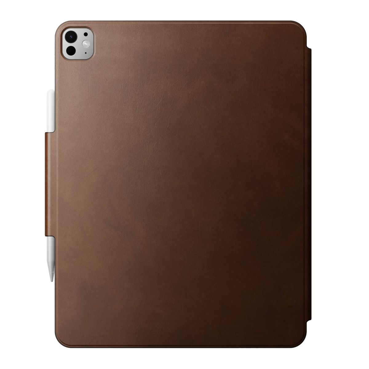 Ein braunes Tablet mit einem weißen Stift an der Seite. Das Tablet hat eine Kamera und eine braune Lederhülle.