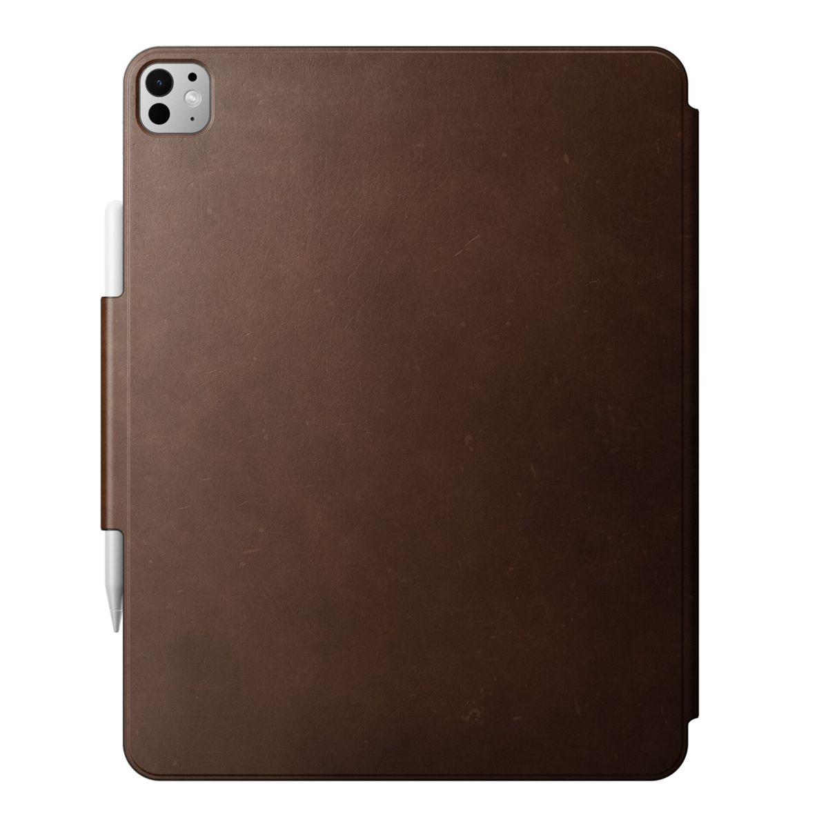 Braune Leder-iPad-Hülle mit weißem Stift. Die Hülle hat einen Kameraausschnitt und eine strukturierte Oberfläche.