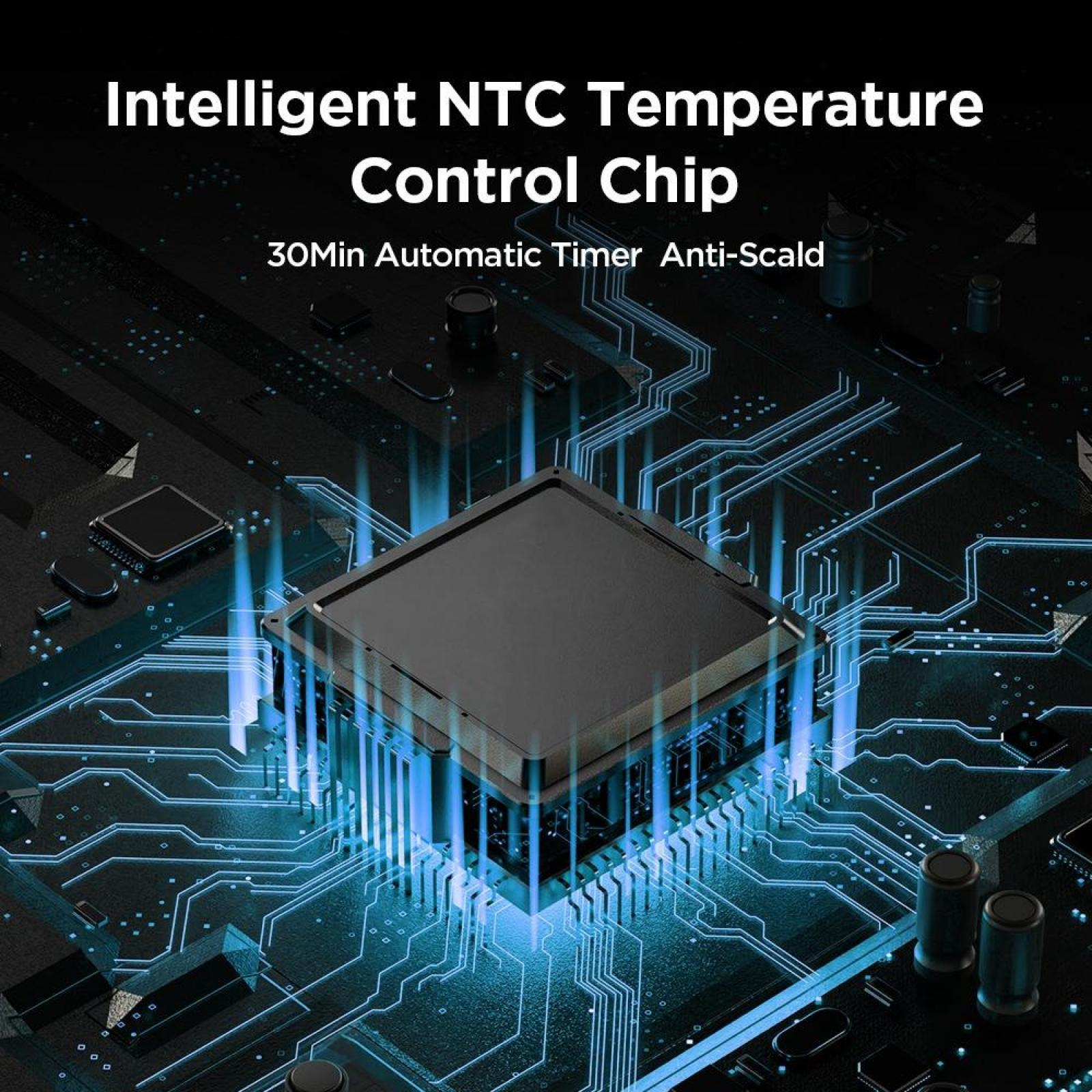Ein schwarzer Chip auf einer Platine mit blauen Linien. Der Text oben lautet 'Intelligenter NTC-Temperaturregelchip'.
