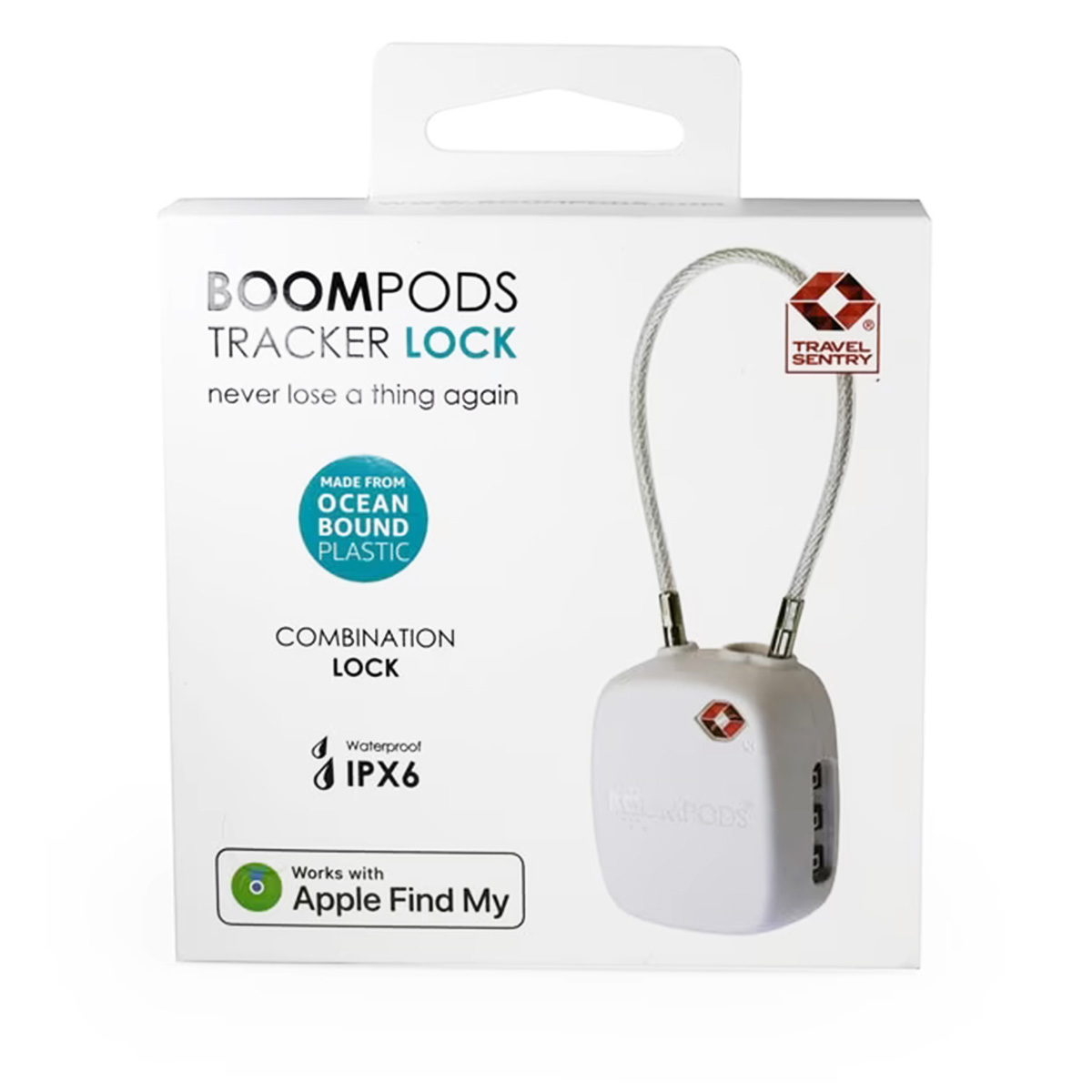 Lucchetto Tracker BoomPods bianco nella confezione. Caratteristiche: 'Ocean Bound Plastic', 'Combination Lock' e compatibilità 'Apple Find My'.
