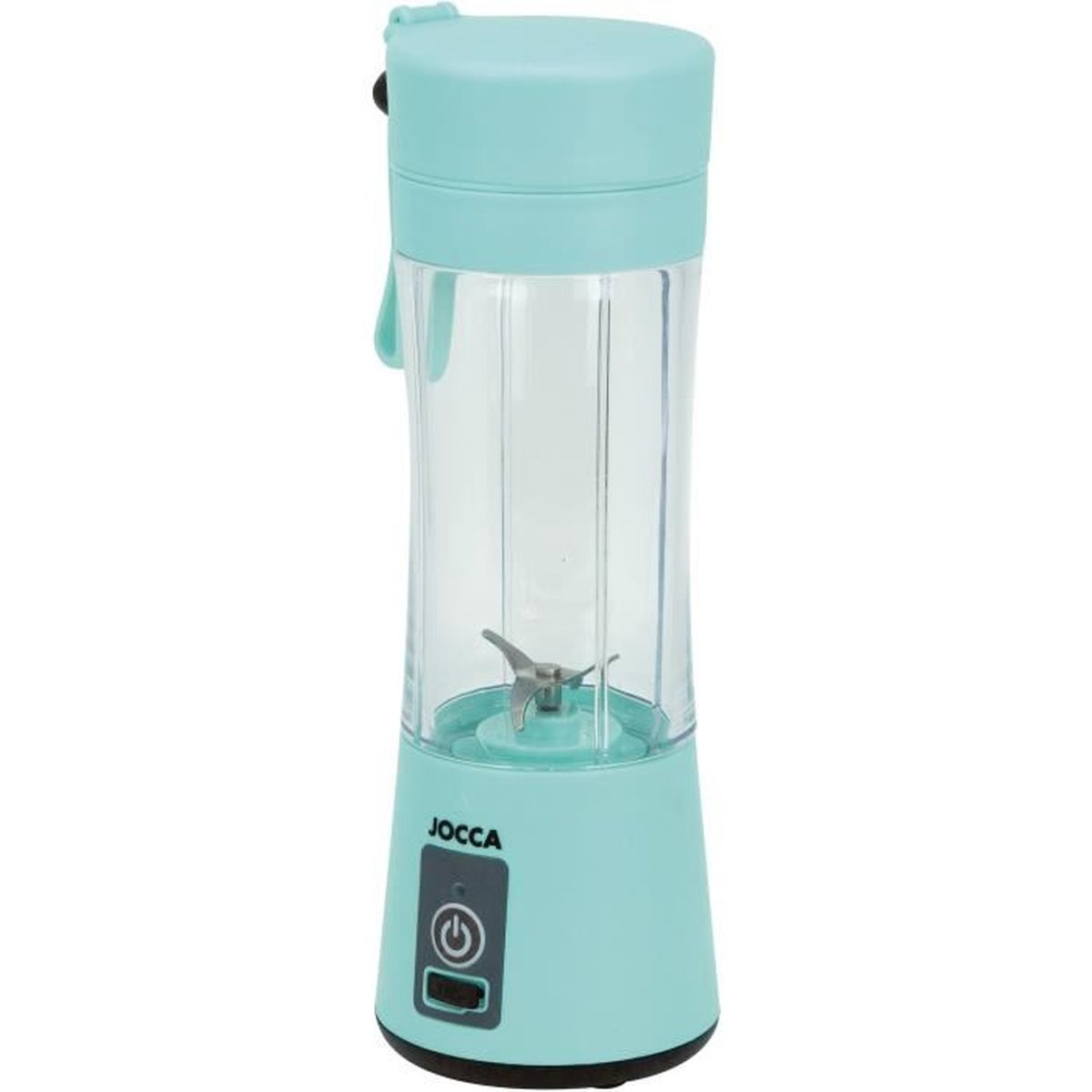 Een turquoise en heldere JOCCA blender. Het heeft een aan/uit-knop en een mesje aan de binnenkant. De bovenkant heeft een handvat.