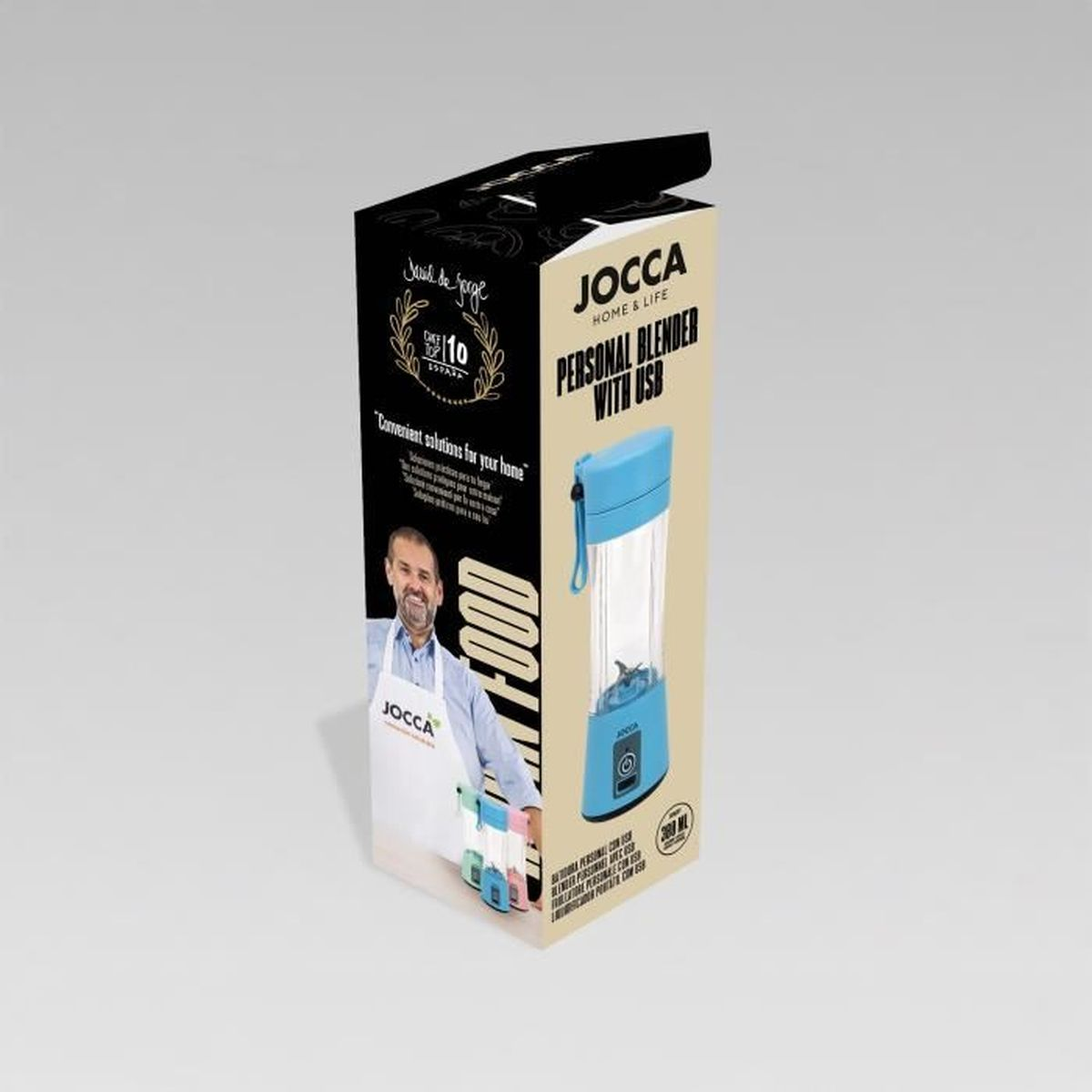 Een productdoos voor een persoonlijke blender. Het is blauw en wit met het merk JOCCA. Een man staat op de doos. Er staat 'Home & Life'.