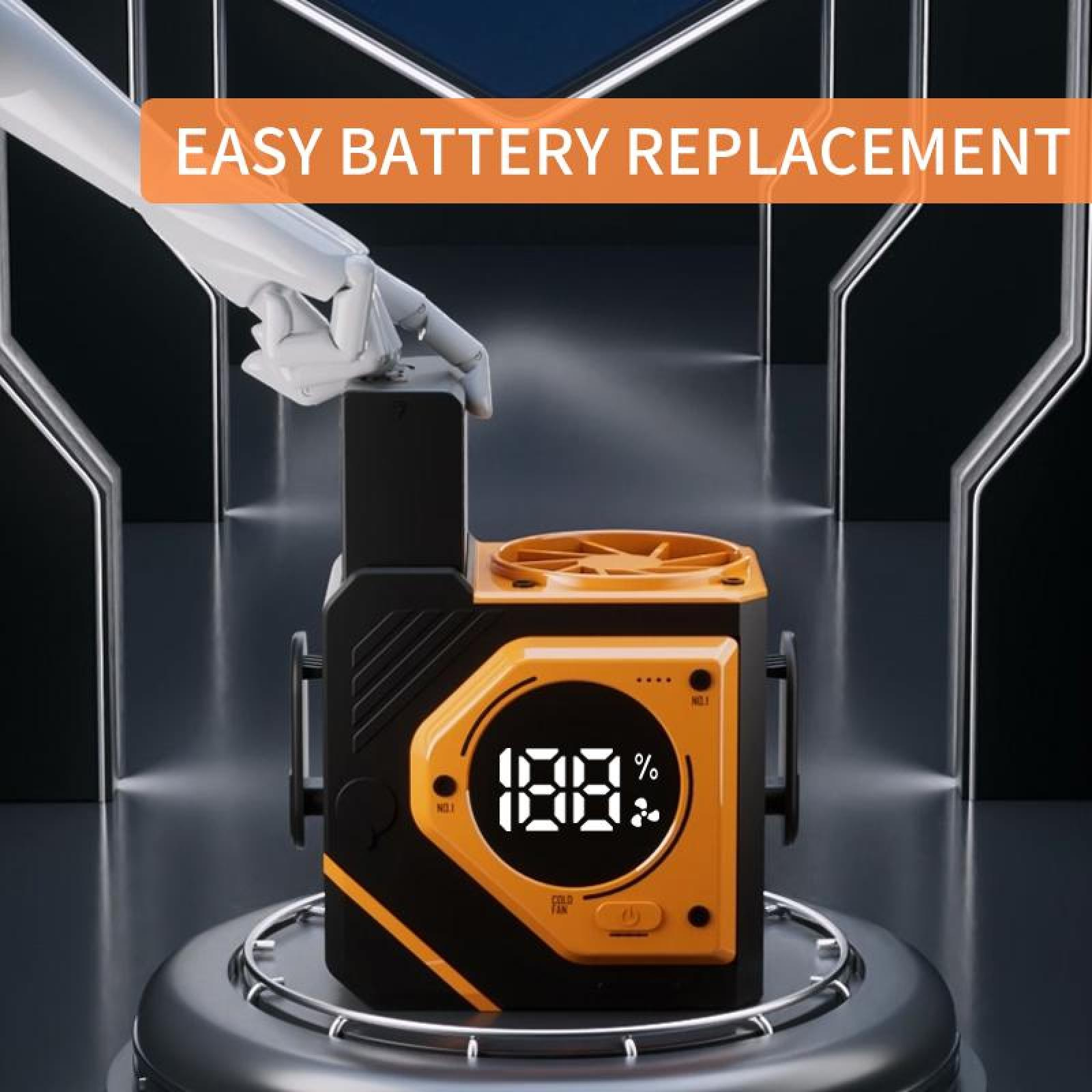 Ein orangefarbenes und schwarzes Gerät mit Digitalanzeige, die 100% anzeigt. Eine Roboterhand interagiert damit, mit dem Text "Einfacher Batteriewechsel".