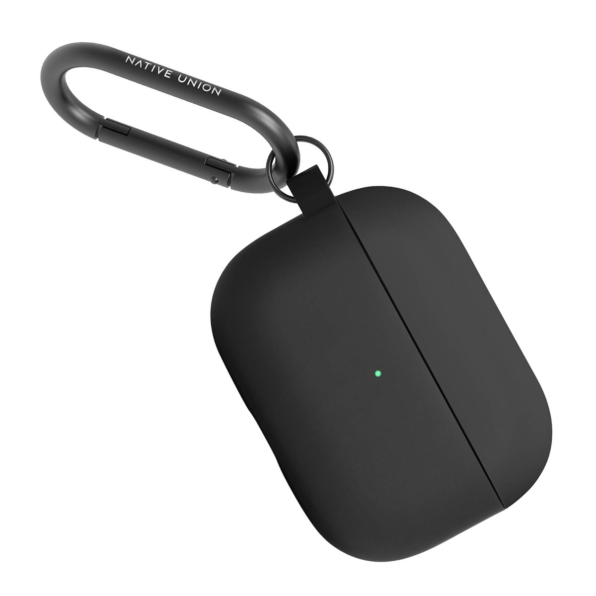 Custodia AirPods nera con moschettone. La custodia ha una luce verde e il moschettone dice 'NATIVE UNION'.