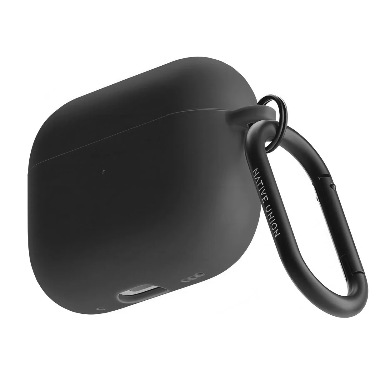 Una custodia nera per AirPods con moschettone. La custodia è liscia e arrotondata. Sul moschettone è stampato "Native Union".