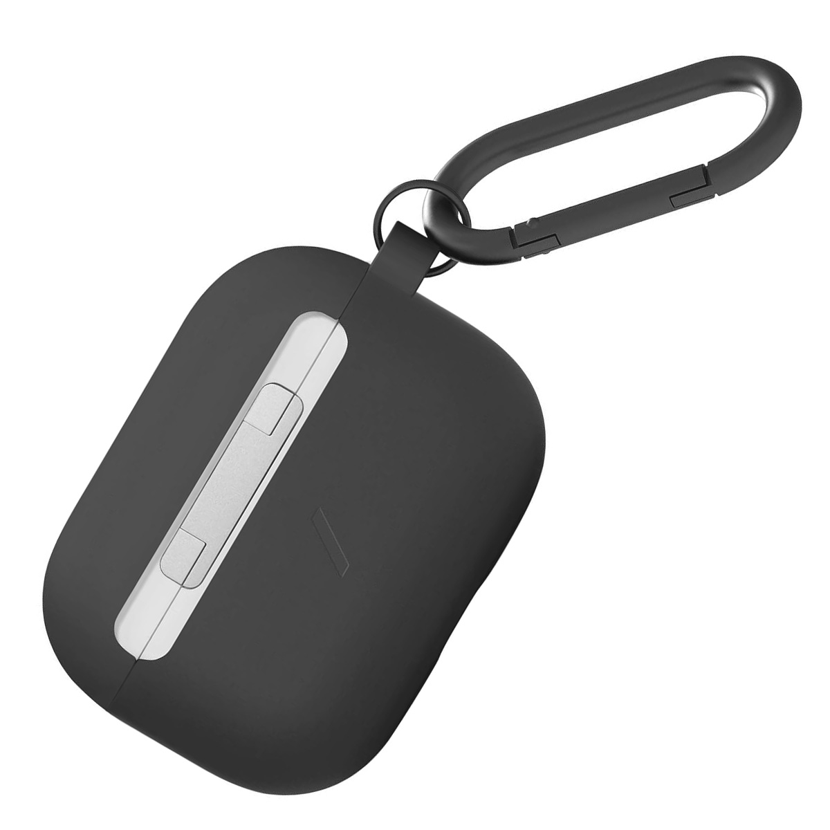 Custodia nera per auricolari con accento argentato e moschettone nero. Custodia rettangolare con angoli arrotondati.